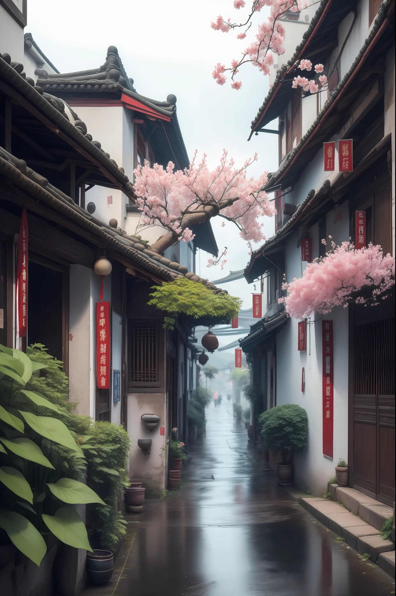 Jiangnan Ancient Town，Flowers grow on both sides of the road，Colorful，Very beautiful，A tranquil，Ultra-clear image quality，Ultra-high definition，Ultra-high resolution