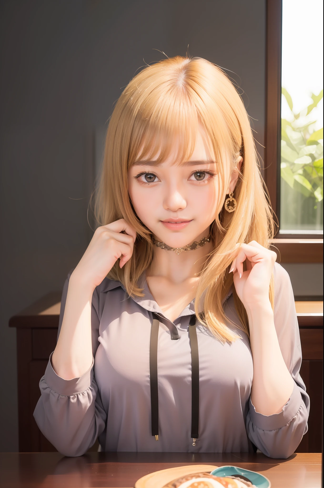 (((Marin Kitagawa))), (masterpiece, best quality), ((extremely detailed, intricate details, lush detail, insanely detailed face, beautiful red eyes, lips, detailed skin, very wide-eyed, skinny)), (( floating hair, shiny skin)), (1girl), wide hips, narrow waist, thick thighs, ((big pupil)) , nervous, ((happy, smile, long hair, younger, blush, tall, black outline, blonde hair, straight hair, seductive eyes, mature female, older, very long hair)), 1girl, toned, ((((indoors, in front of a big window, light shining through window, upper body focus)))), solo, blonde hair, school uniform, skirt, necktie, shirt, shoes, choker, jewellery, white shirt, socks, smile, brown footwear, black socks, looking at viewer, loafers, blue skirt, multicolored hair, plaid, pleated skirt, tied shirt, black choker, bangs, plaid skirt, bracelet, earrings, standing, blue necktie, grin, collared shirt, (((hands behind back, 1girl)))