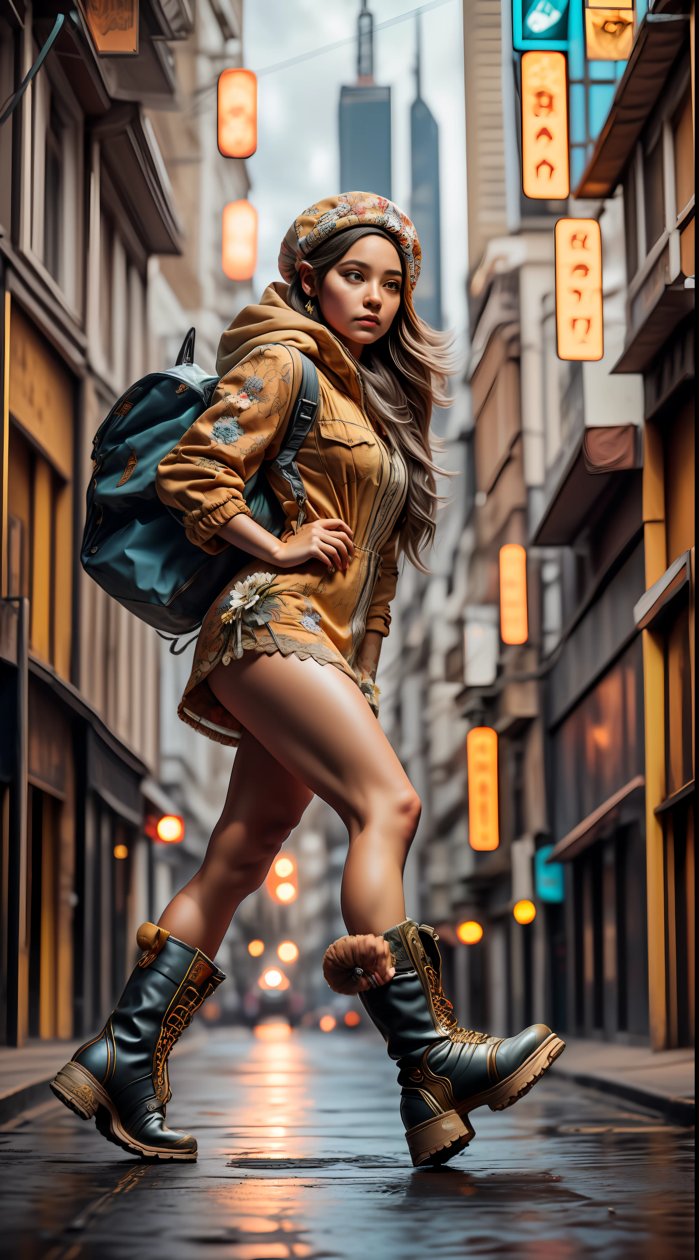 1Garota de 22 anos mexicana,pele escura,cabelo cacheado longo,suada, com uma jaqueta, (vestido florido longo rasgado),wearing boots on his feet,and beret on head running scared, ( perseguida por monstro),em uma cidade deserta anoite,clima de tempestade com chuva,(16k ultra realista),com detalhes no corpo,ferida,seios pequenos, , foto raw realista, corpo perfeito, Front angle, imagem de cinema, assustador, fundo totalmente escuro
