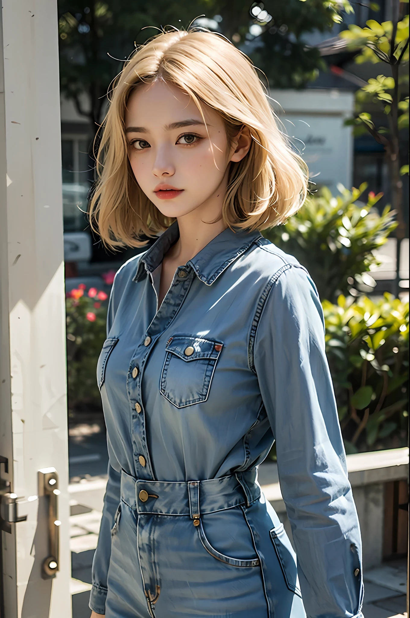 uma jovem mulher loira de cabelos curtos, encostada em uma parede em frente a uma floricultura, flores na vitrine, wearing a denim jumpsuit and white blouse, Melancholy, blonde woman