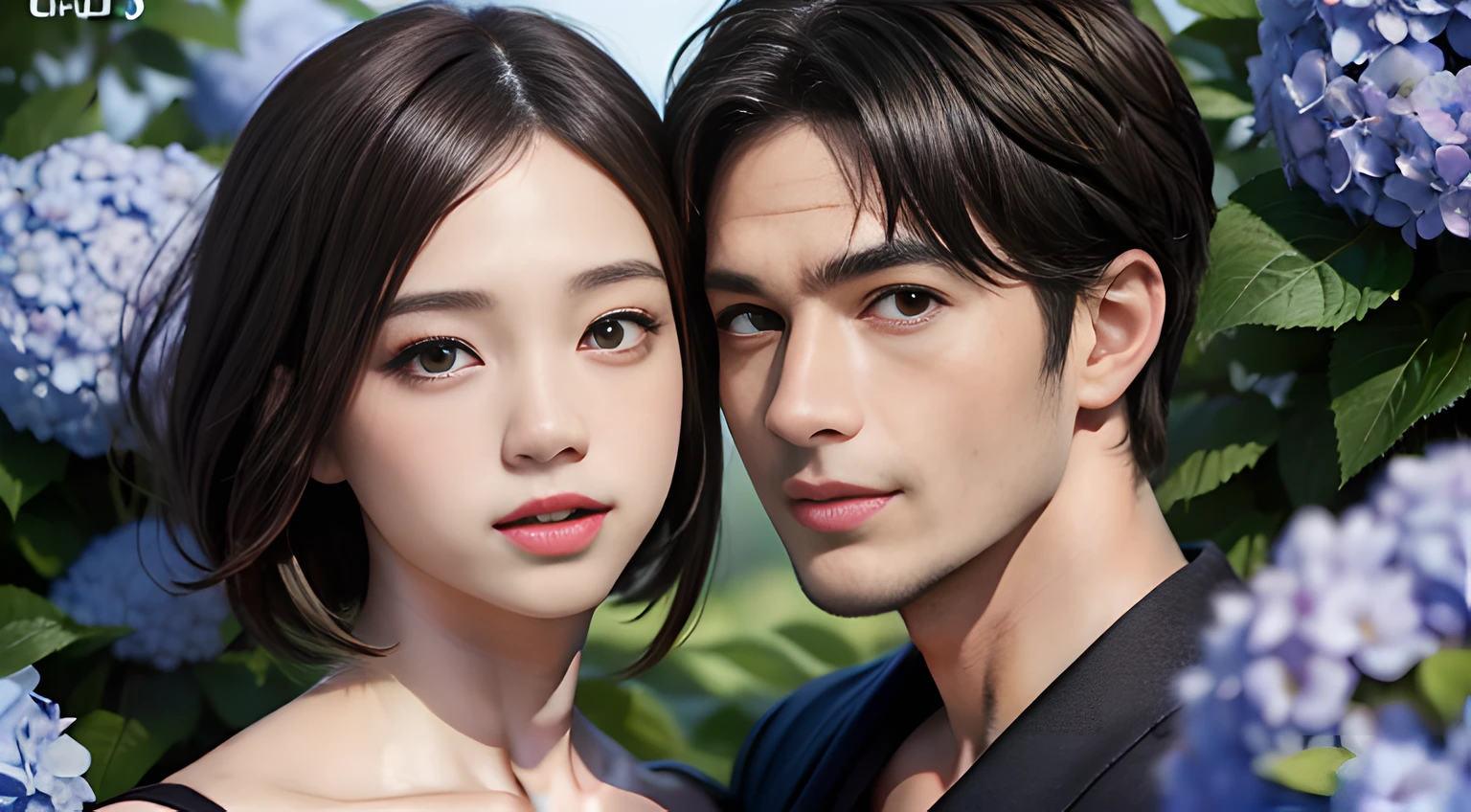 (both of them are men), (They are male gay couple ), (head shot), (two male gay handsome muscular men in their 30s, red and blue big hydrangeas blooming in a Japanese garden), short ash brown hair, They resemble Chris Redfield from Resident Evil, Mischievous smile, (small details: 1 in 1), natural muscles, HIG quality, beautifuleyes, (Detailed face and eyes), (Face、: 1 / 2), noise, real photograph、... ...................PSD, Sharp Focus, High resolution 8K, Realstic & Professional Photography, 8K UHD, Soft lighting, High quality, Film grain, FUJI XT3