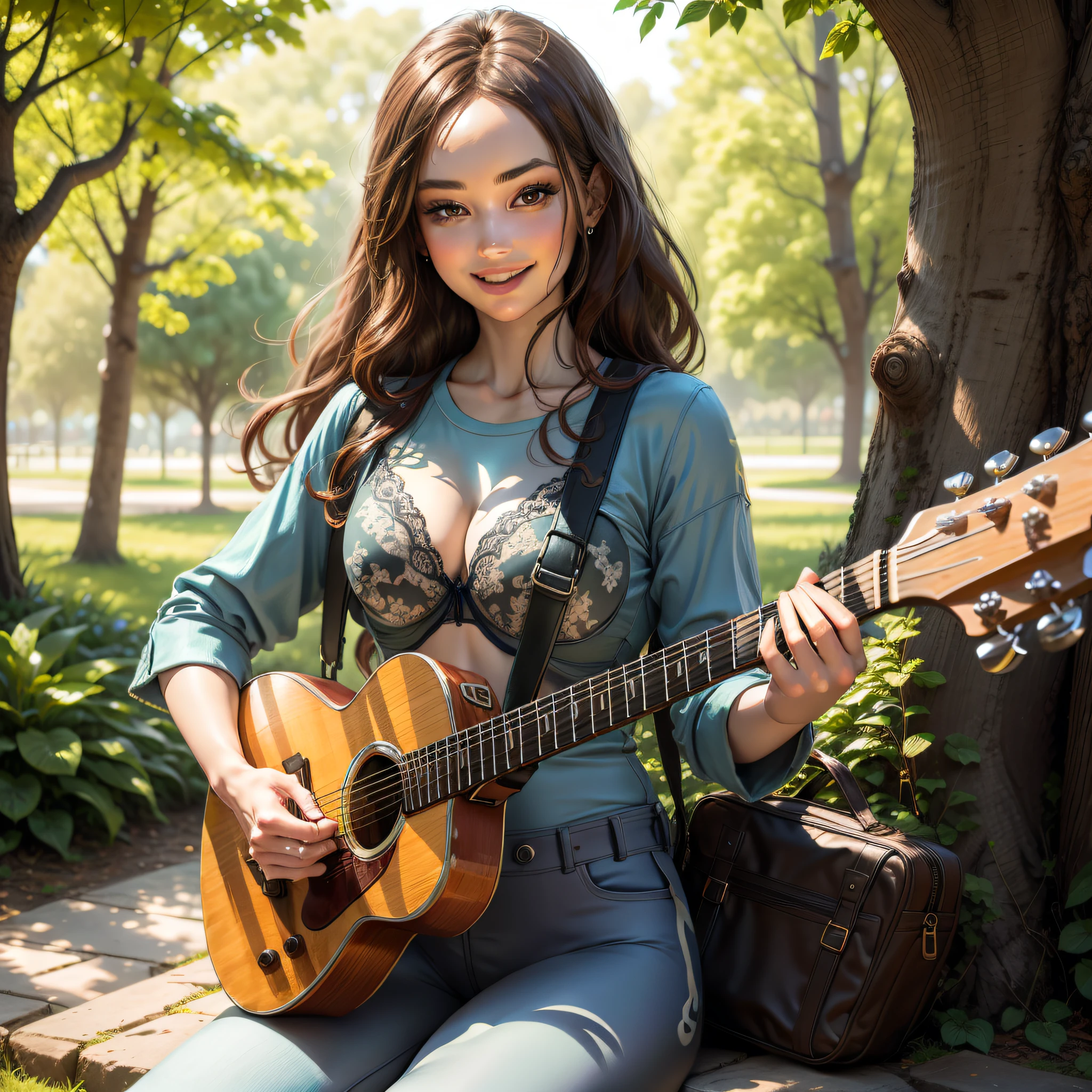 with a beautiful smile, wearing a bra, black leggings, ultra detailed, hyper realistic, high resolution, 8k, masterpiece.
