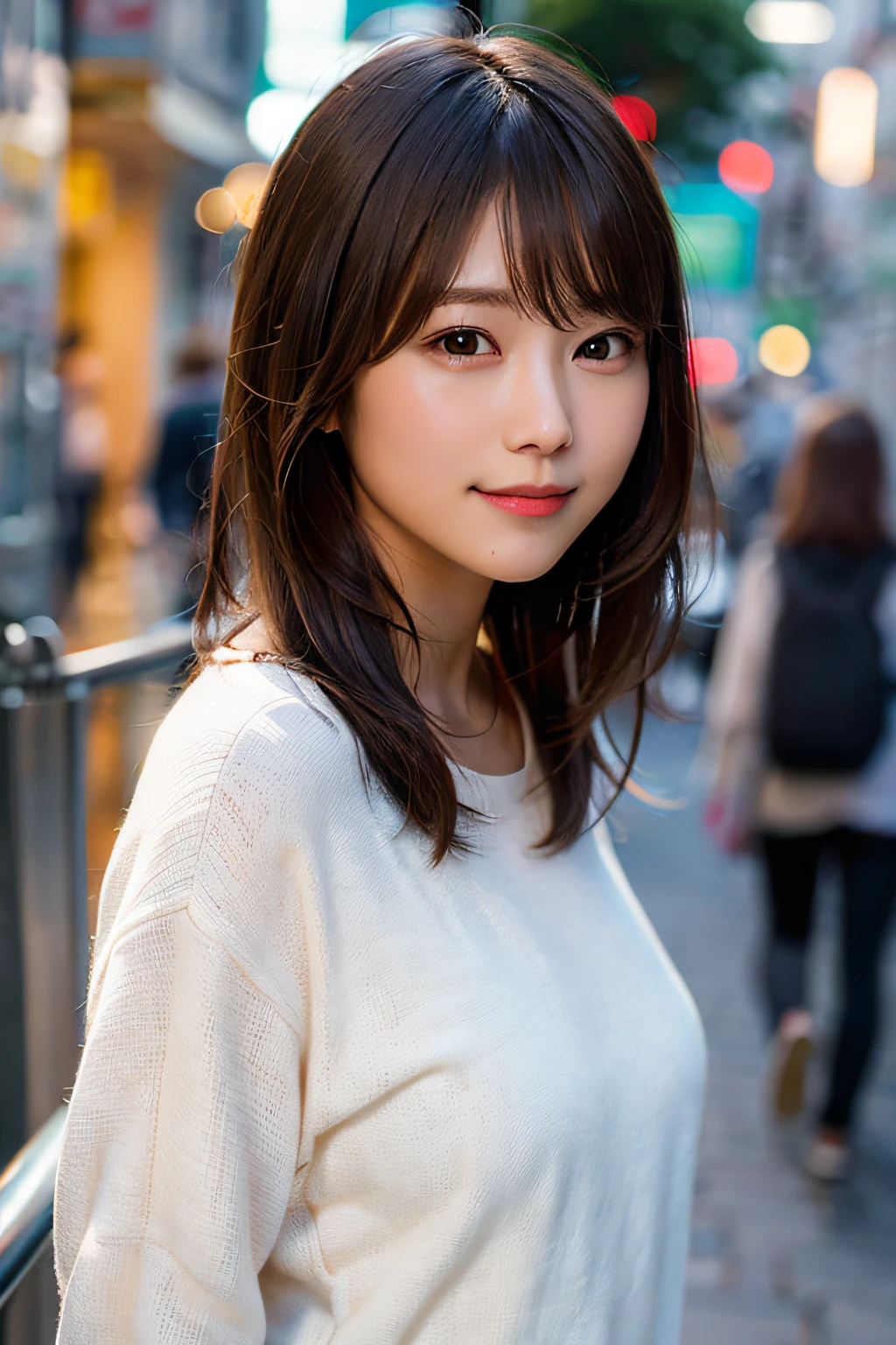 (8K、Raw photography、最好的质量、A masterpice:1.2)、(Realstic、photorealestic:1.37)、ultra -detailed、ultra-high-resolution、女の子1人、see the beholder、Beautiful detailed face、smile on face、Constriction、(Slim waist) :1.3)、shirts、Beautiful detailed skin、Skin texture、Floating hair、Professional lighting、In the street、Haut du corps