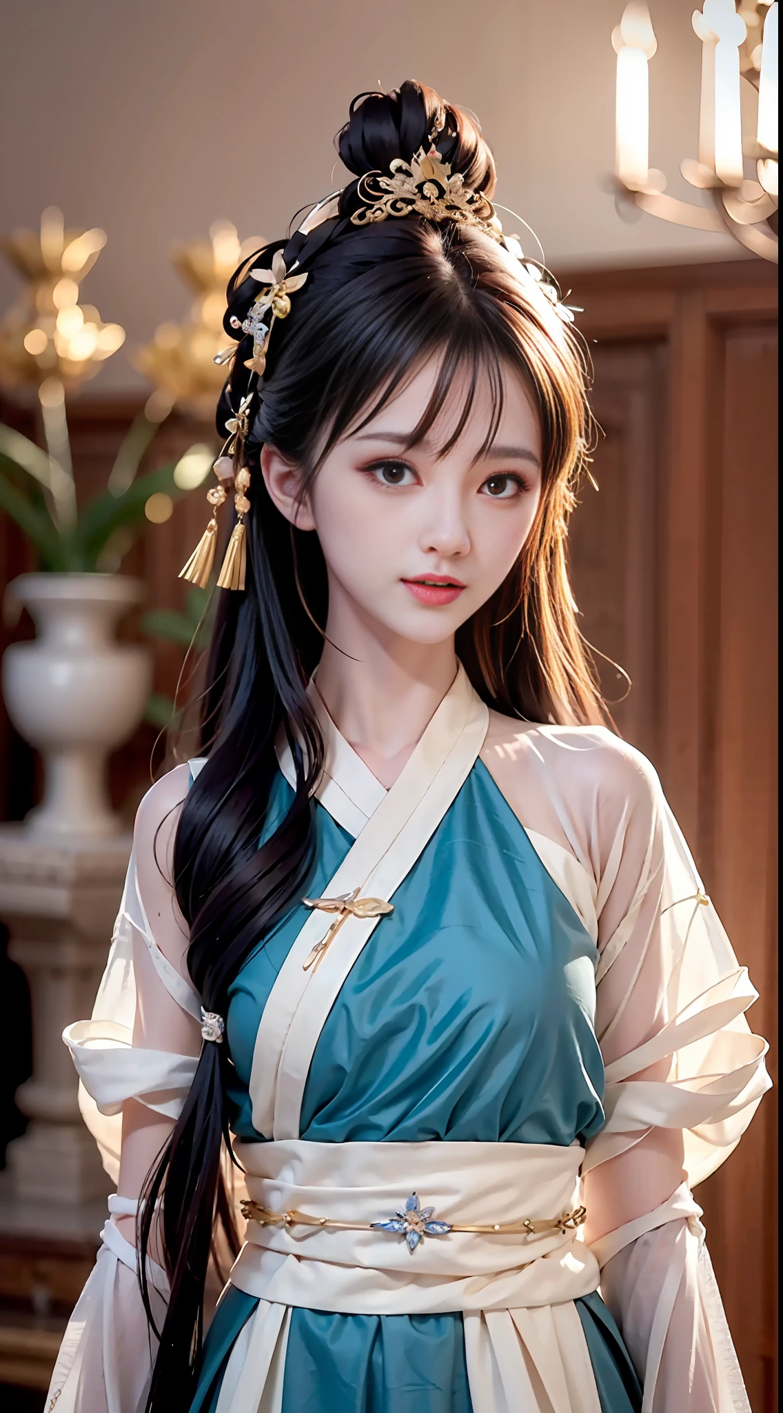 Best quality, nmasterpiece, high resolucion, 1girls, Blushlush,(Seductive smile:0.8), starpupil, Black and white halterneck Hanfu, hair ornament, gargantilha, Ornaments, beautiflyface, human's body, Tindal effect, extremely lifelike, Dark Studio, edgelighting,duotone lighting,(High Detail Skins:1.2),8K UHD,Slr,softlighting,highly quality,Volumetriclighting,Candid camera,The photograph,high resolucion,4K,8K,Bokeh,(Small head)