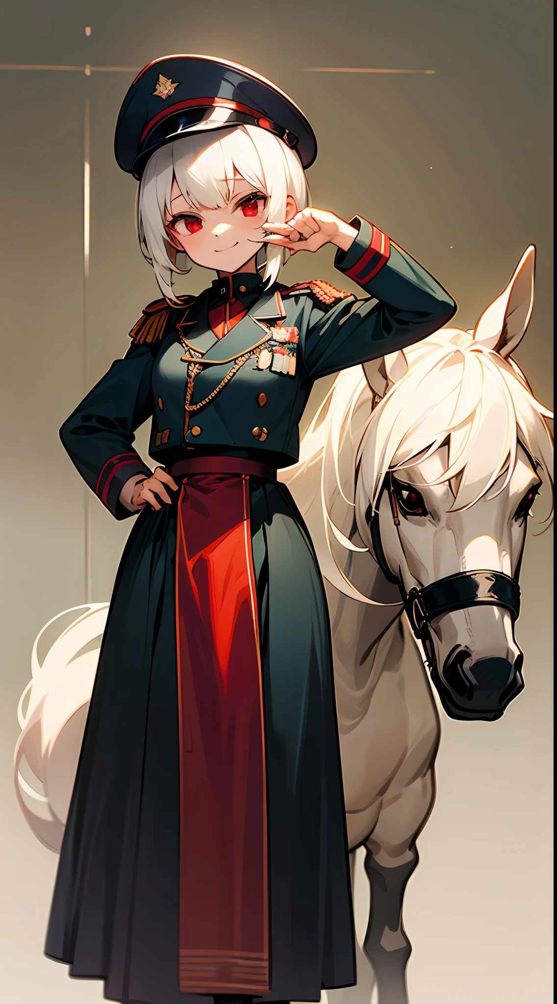 (A )(Red eyes)((Super poor milk))(White hair)(a horsetail)(Dressed in a German-style military uniform)(Wearing a German military cap)(The temperament is very domineering)(A murderous smile flowed)With your hands behind your back,Stand straight