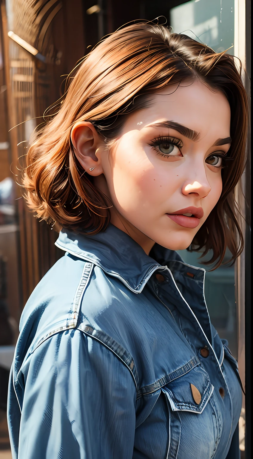 1garota com blusa rosa, denim jumpsuit, seios fartos, cabelo curto