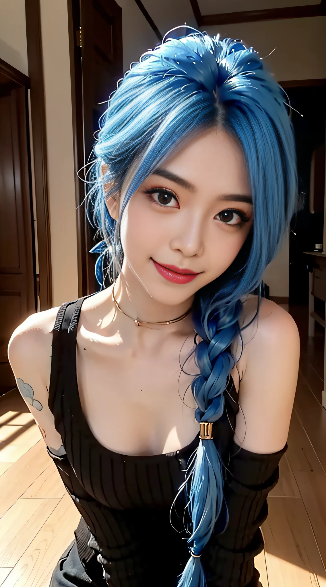 beatutiful face, sensual poses, standing alone, 1girls,Smile with, 最好的质量, nmasterpiece,hair ornament, mitts,patte,blue hairs