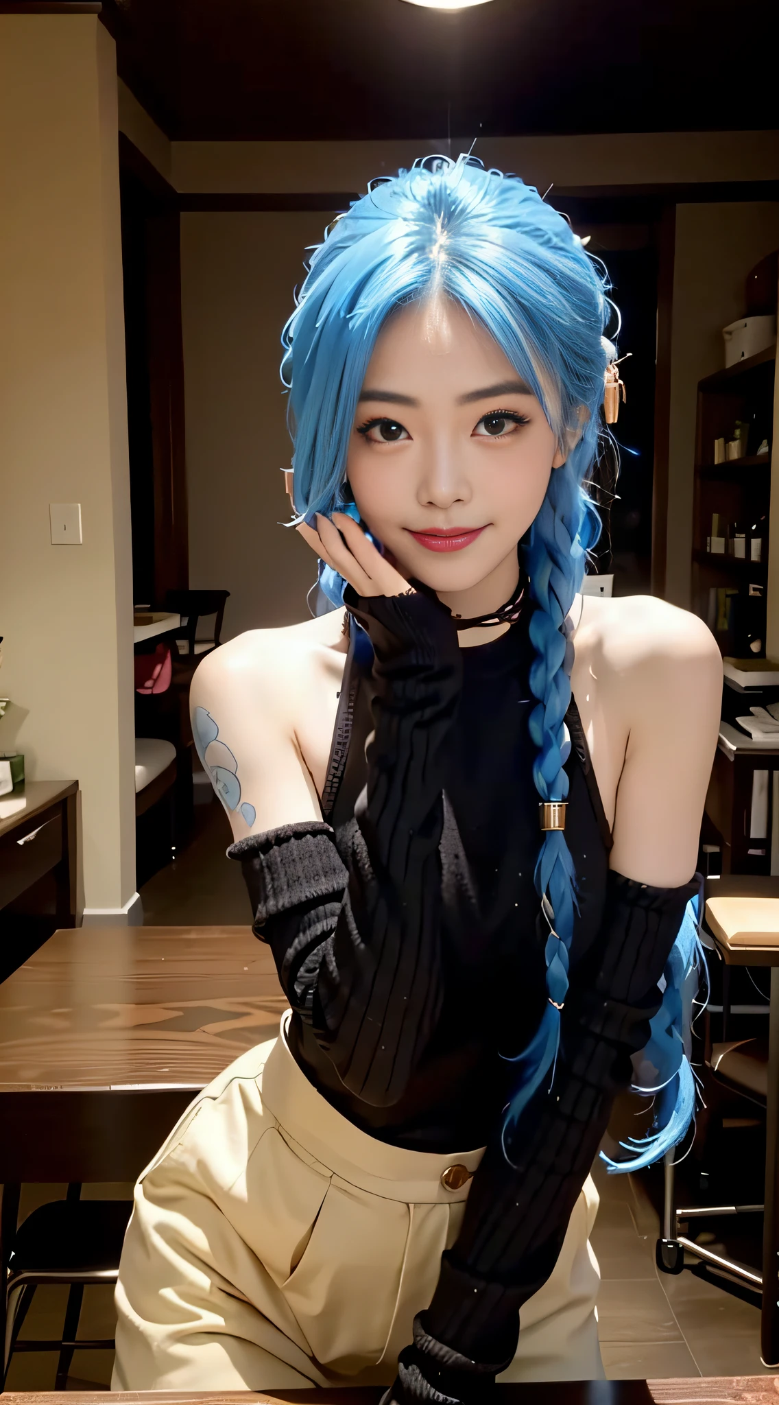 beatutiful face， sensual poses， standing alone， 1girls，Smile with， 最好的质量， nmasterpiece，hair ornament， mitts，patte，blue hairs