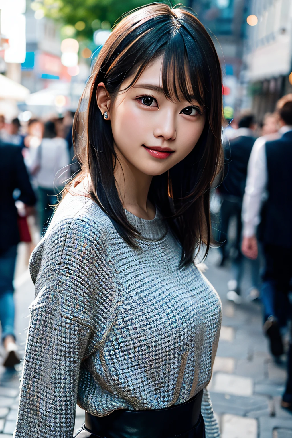 (8K、Raw photography、最好的质量、A masterpice:1.2)、(Realstic、photorealestic:1.37)、ultra -detailed、ultra-high-resolution、女の子1人、see the beholder、Beautiful detailed face、smile on face、Constriction、(Slim waist) :1.3)、shirts、Beautiful detailed skin、Skin texture、Floating hair、Professional lighting、In the street、Glasses