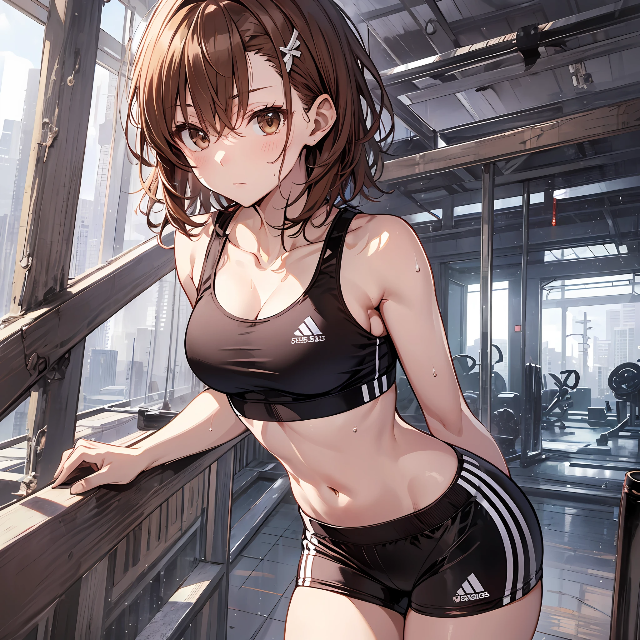 A masterpice, 4K, of the best quality, Misaka_mikoto　ribbon from, Sports Bra, Latex Shorts, are standing, arms folded,、cool expression　Beautiful gym, brown-eyed, Short_hair, Small_Breast, looking at the viewers　Heavy sweat