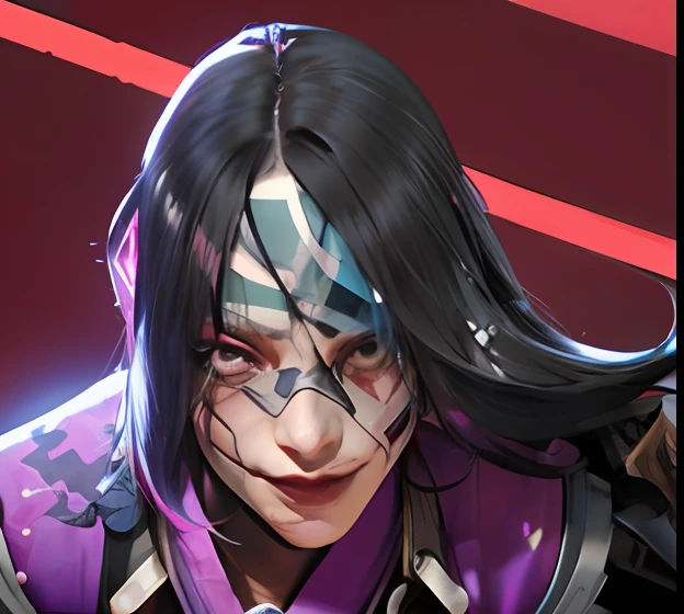 um close up de uma pessoa com o rosto ensanguentado e o cabelo roxo, Retrato do personagem darksynth, Personagem de videogame Katana Zero, Closeup da arte do personagem, Retrato Ninja Gaiden Menina, arte do personagem shadowrun, gueixa cyberpunk, imagem do avatar, retrato de personagem pintado, Retrato de um samurai cyberpunk, cara cyberpunk, Akali, Retrato de Jinx de Arcane, Retrato de Onmyoji