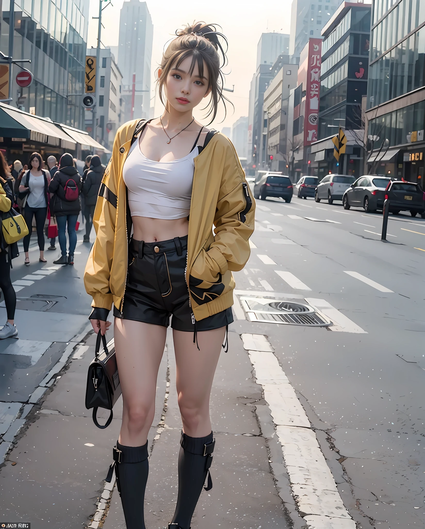 Full body, 1 girl, masterpiece, photo realistic, arafed beautyful lady in yellow jacket standing on street corner, pony tail, crop top, cleavage, high-waist mini shorts cargo, cameltoe, cyberpunk city, standing tall, busty, in a city street, Shifted Bangs Japanese Haircut, wearing urban techwear, realistic depiction, standing in a city center, an ultra realistic, promo image, techwear look and clothes, in city street, hyper-realistic, hyper - realistic, wojtek fus, hyper realistic style, small waist