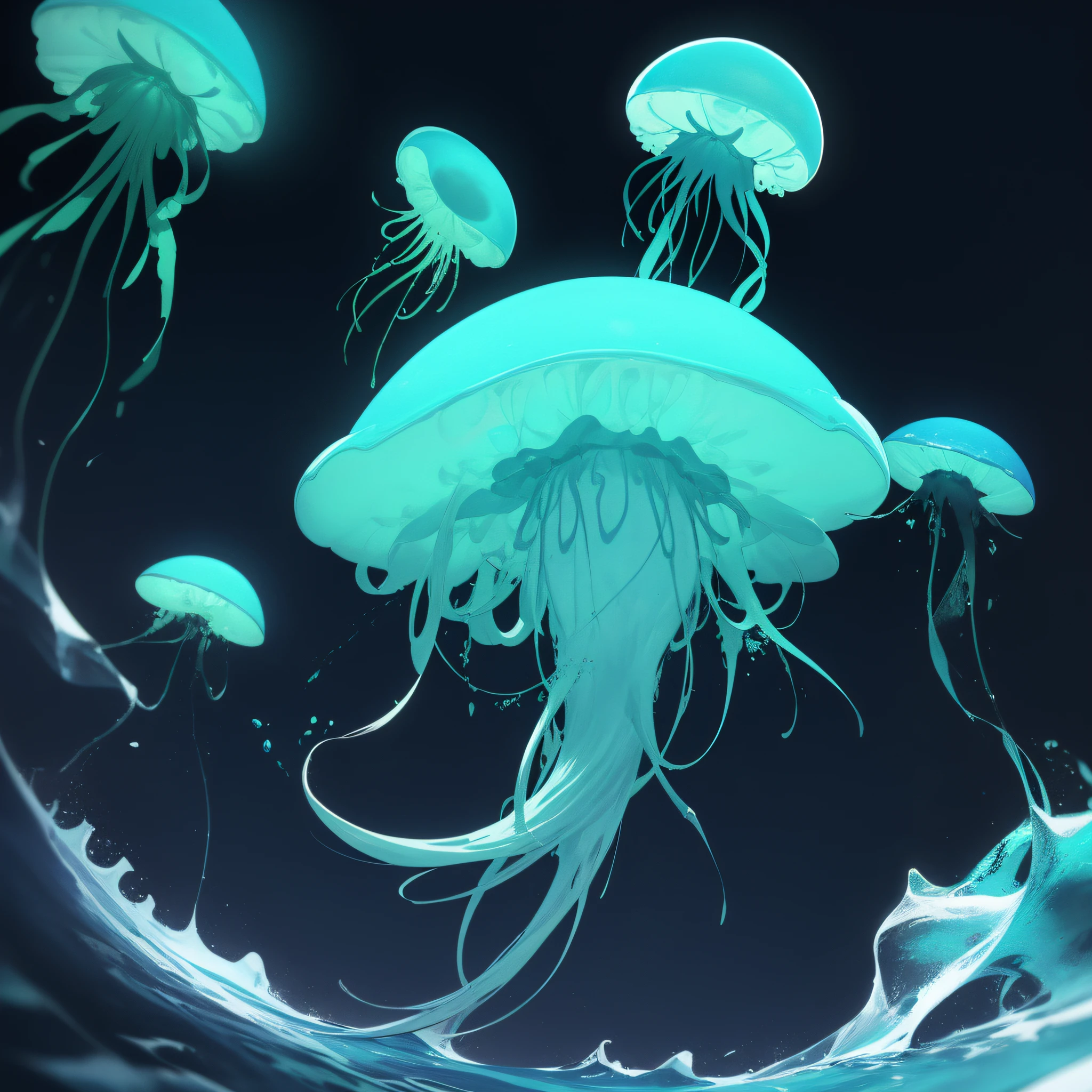 Fluffy cute ball that is a Jellyfish, neon blue fluffy tendrils, iridescent jelly, luminescent, floating in a dark glowing sea, masterpiece, best quality, ((In Neon Aesthetic style))