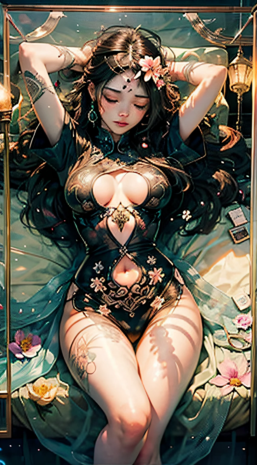 Sleeping Beauty, by Bella🦋 full body, beautiful girl sleeping, room with mirror, girl sleeping on bed and sheets, old clock and lamp on table, full body, black hair, Transparent clothing,open legs, view of pubic hair, 1 sexy girl in transparent forest clothes,exposed breasts, open transparent t-shirt,mandala and flower tattoos, La mejor calidad, Obra maestra, llustration, muy delicado y hermoso, muy detallado, CG, Unidad, Fondo de pantalla de 8k, ridiculous, huge filesize, lente muy ancha, Luz suave,Sleeping Beauty, by Bella🦋 full body, beautiful girl sleeping, full body, black hair, Transparent clothing, slight smile,, open legs, view of pubic hair, 1 sexy girl in transparent forest clothes,exposed breasts, open transparent t-shirt,mandala and flower tattoos, La mejor calidad,