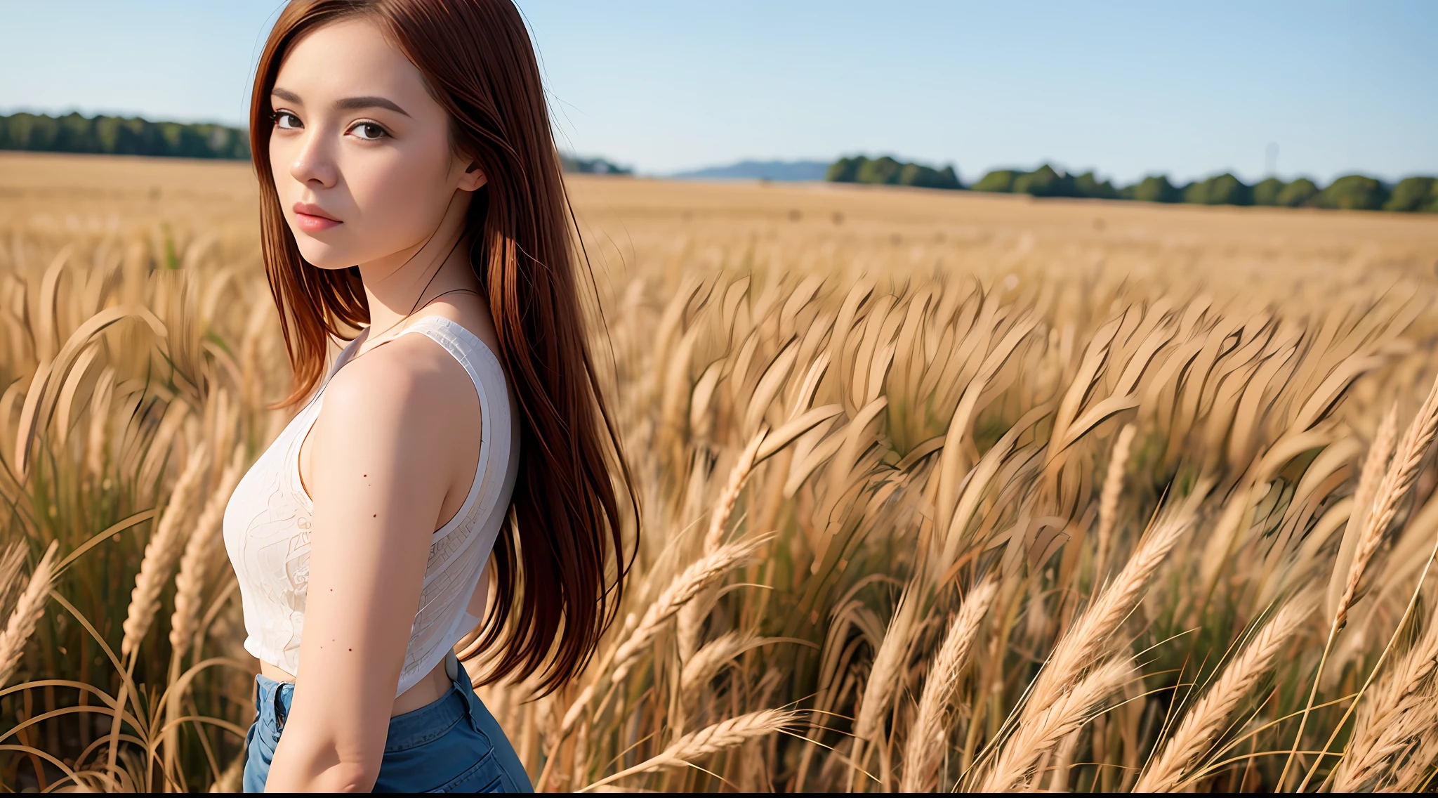 Full body, back portrait of a cute redhead girl, standing in a wheat field, blossoming, orange mist, movement, thinning hair, realism, high quality rendering, stunning art, high quality, film grain, Fujifilm XT3, blemish, 85mm, Nikkor, Fuji Provia, Fuji Portra