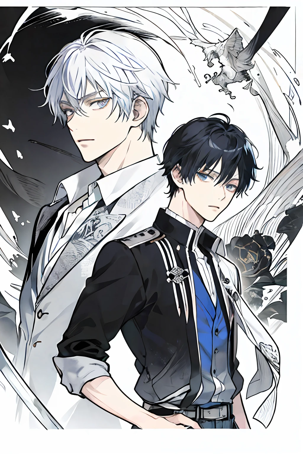 ((最好的质量、A masterpice))、Comic art、Anime character of a man with fire and sword、Katekyo Hitman Reborn、knights、sirius a and sirius b、high quality fanart、from cryptid academia、inspired by Masanobu Okumura、Two anime handsome men、epic anime style、detailed fan art、Akihiko Inoue and Rostran