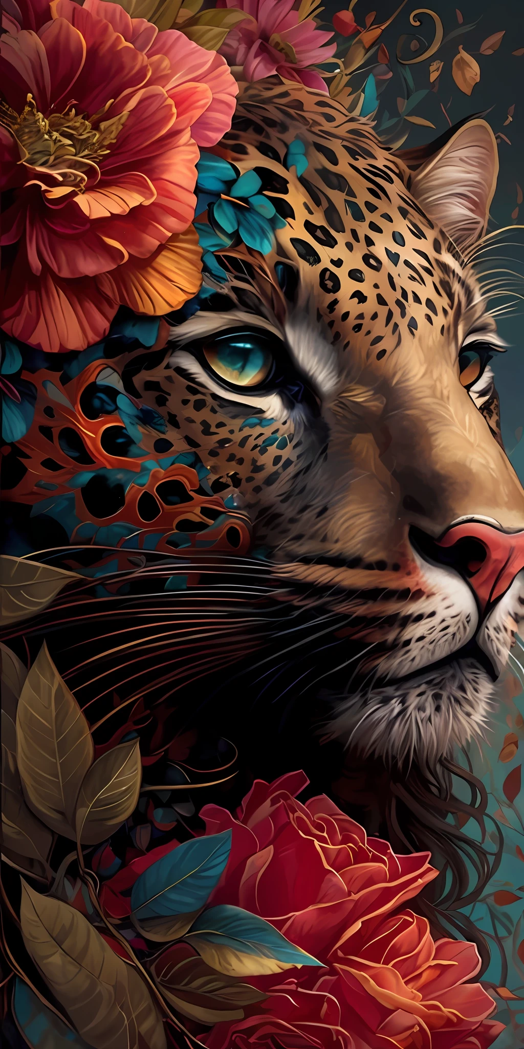 a painting of a leopard with flowers on its head, detailed beautiful animals, full of colors and rich detail, detailed painting 4 k, artistic 4 k, great digital art with details, beautiful detail and color, high detailed), highly detailed digital artwork, beautiful art, amazing depth, gorgeous art, 8k high quality detailed art, over detailed art, detailed 4 k painting