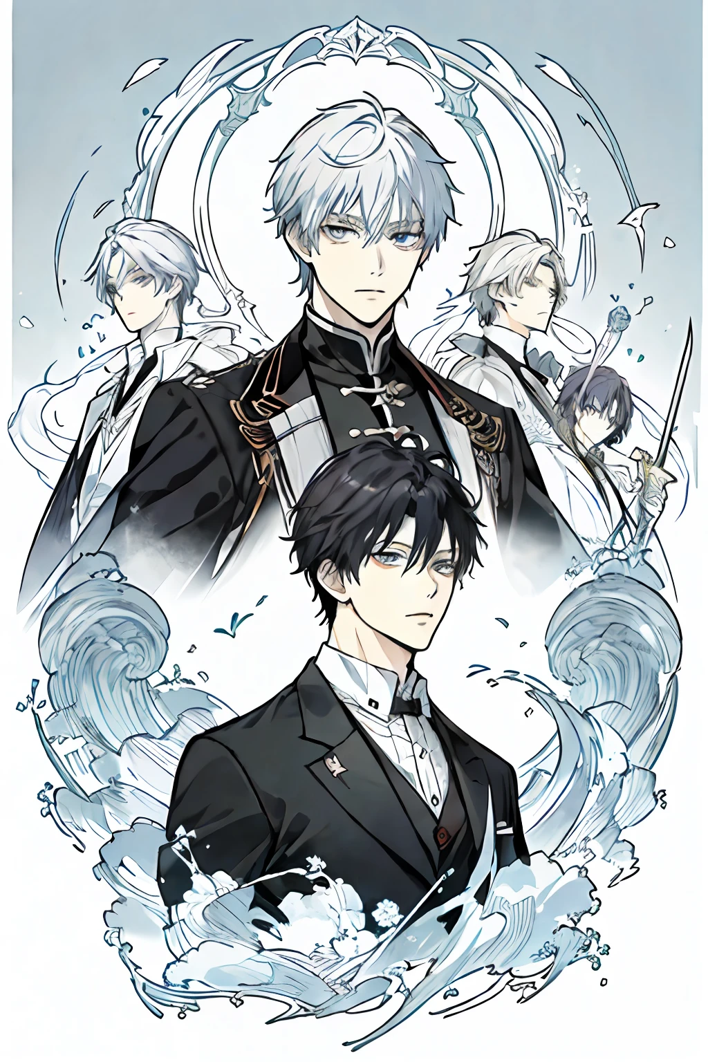 ((最好的质量、A masterpice))、Comic art、Anime character of a man with fire and sword、Katekyo Hitman Reborn、knights、sirius a and sirius b、high quality fanart、from cryptid academia、inspired by Masanobu Okumura、Two anime handsome men、epic anime style、detailed fan art、Akihiko Inoue and Rostran