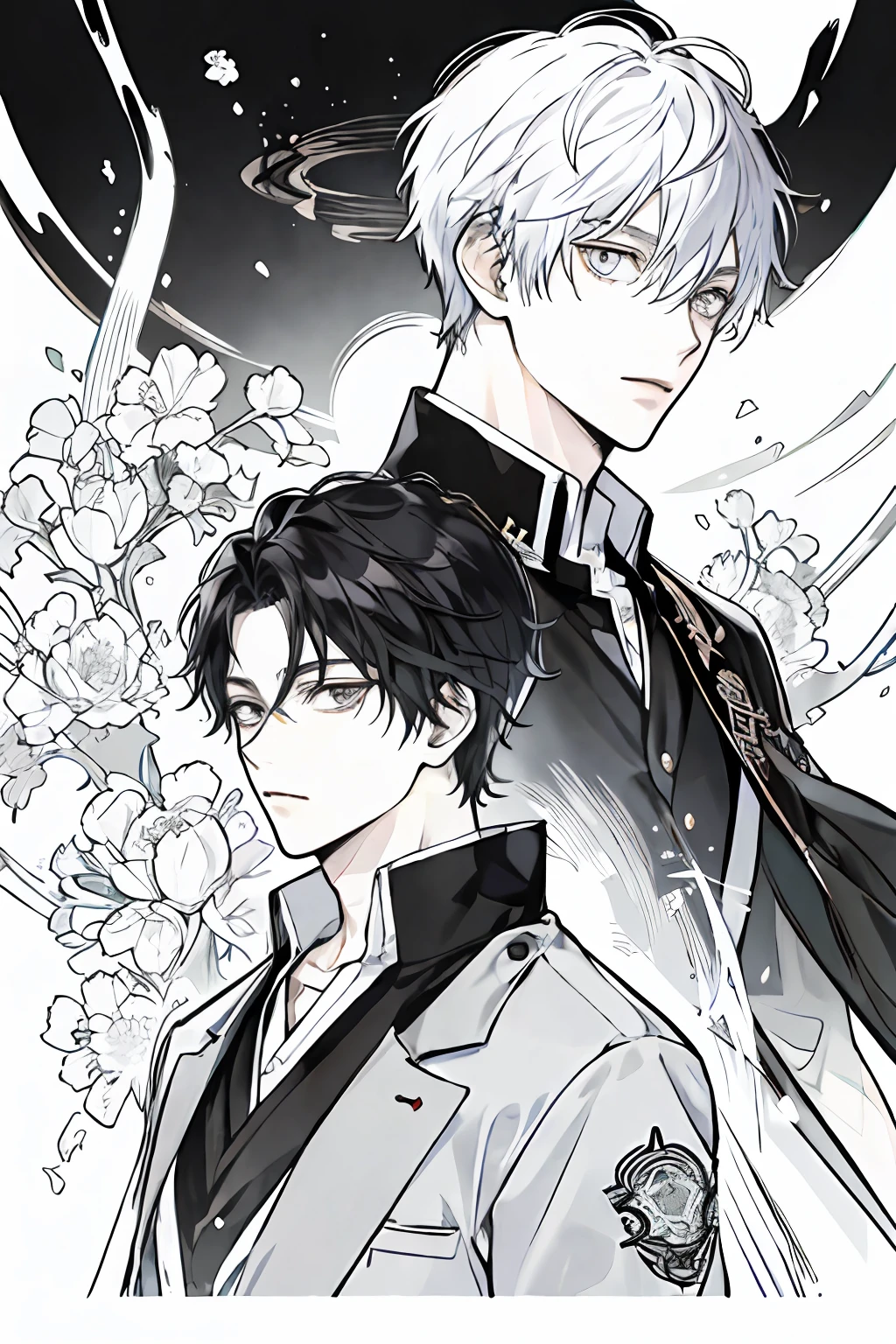 ((最好的质量、A masterpice))、Comic art、Anime character of a man with fire and sword、Katekyo Hitman Reborn、knights、sirius a and sirius b、high quality fanart、from cryptid academia、inspired by Masanobu Okumura、Two anime handsome men、epic anime style、detailed fan art、Akihiko Inoue and Rostran