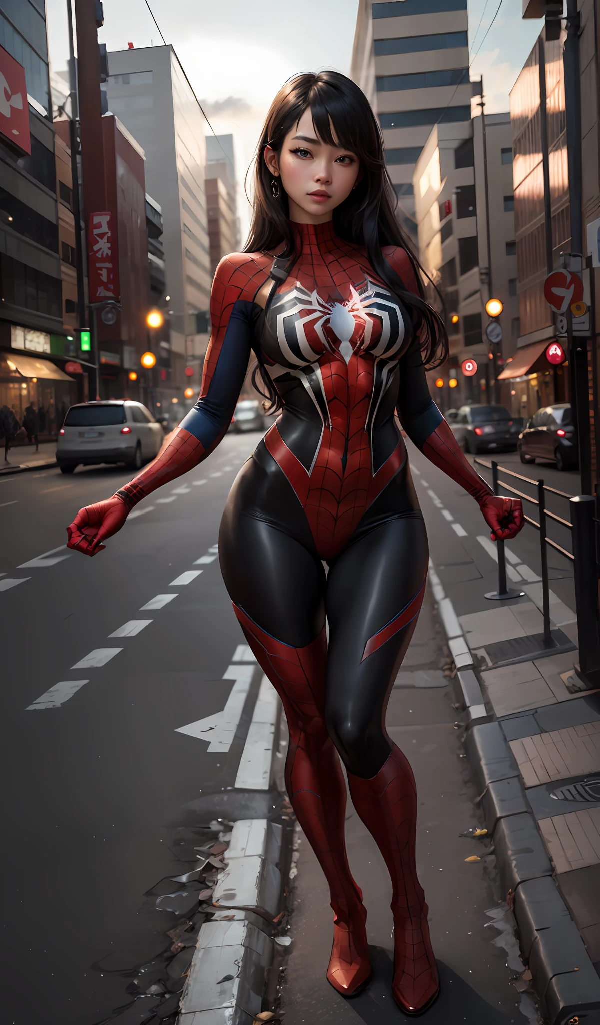 4k, realistic, charismatic, very detail, there is a girl on top city, wearing spiderman costume, she is a spiderman, white super hero theme, japanese woman, black long hair, hime-style bangs, dark brown eyes, 25 years old, full body