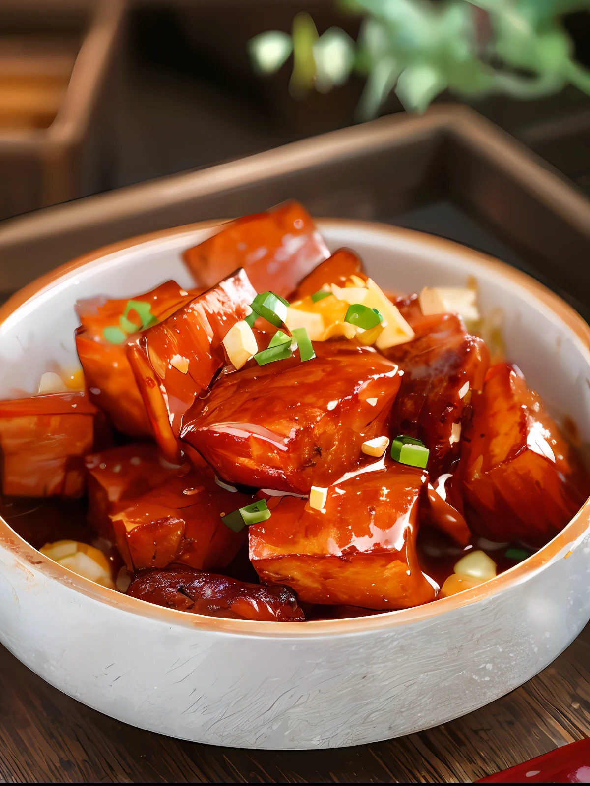 A night of braised pork, fat and thin, oily and delicate, a little chopped green onion, garlic, super realistic food pictures, the complete theme shown in the photo,, Randy Post, hyper realistic &quot;, hyper realistic&quot;, high res photo