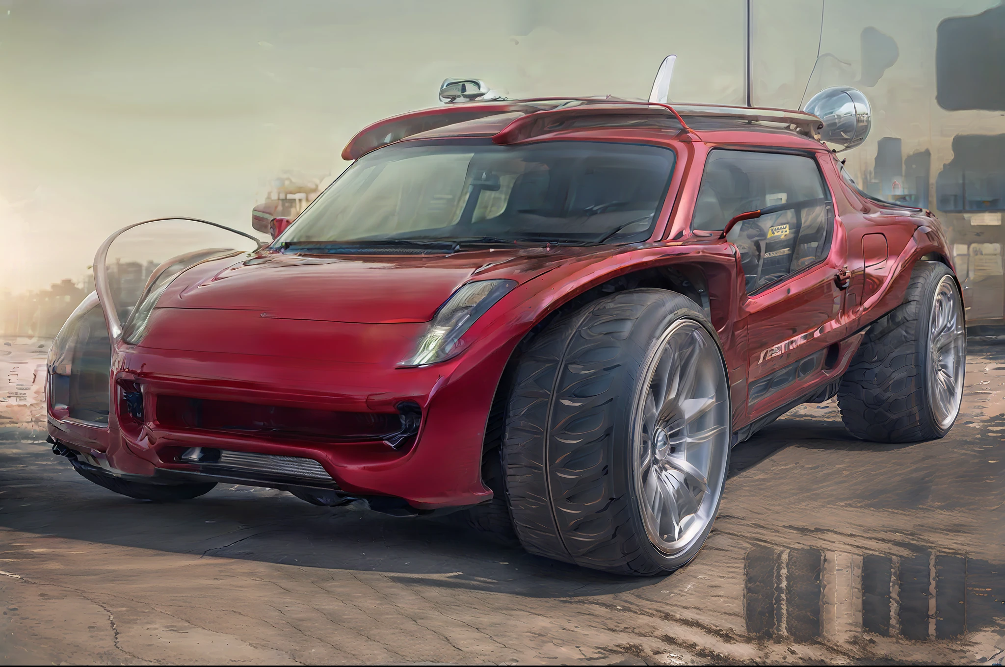um close up de um carro vermelho e preto com pranchas de surf no topo, Tesla Duna Buggy, vehicle concept photo!!, arte conceitual do carro, charrete, pintado digitalmente, conceito de carro, anime art vehicle concept art, cute future vehicles, transportation design render, carro conceito, futuristic vehicle, concept piece, carros futuristas, futuristic vehicles, design de carro conceito, artistic rendering, foto conceitual