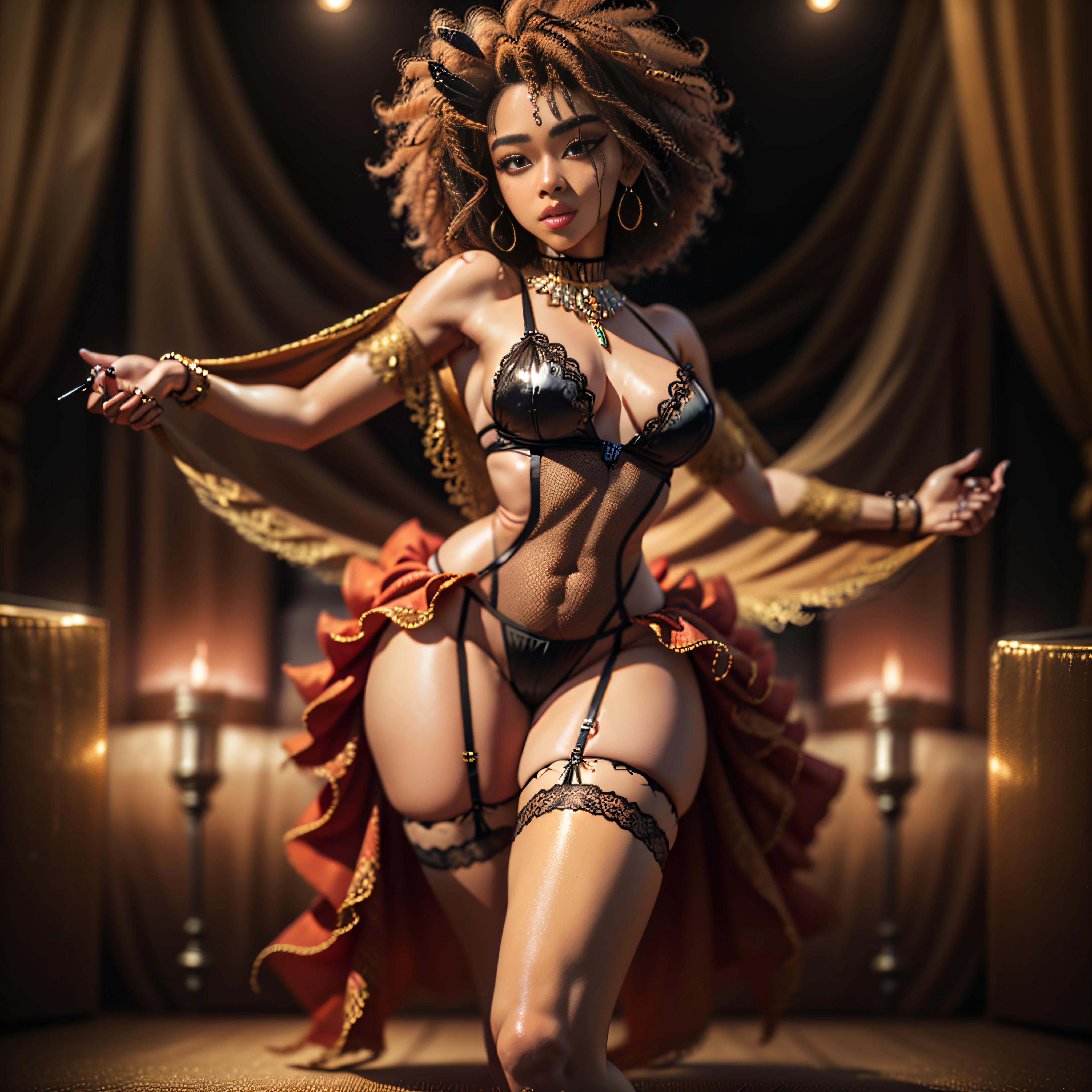Full body full body extremely sexy ebony dancer dirty cabaret beauty wearing sexy revealing black and red lingerie wearing black fishnet garters red lace garters wearing stilettos flirting in front of the camera dancing like a jar and lifting one leg while posing fit other poses. Slender inner physique, detailed afro long curly hair, honey-colored eyes with long eyelashes, intricate clothing details, ultra clear, ultra detailed, high definition, sharp focus, focus on clothing details, precious earring jewelry, bright, lustful makeup, clear Meticulous, HD detail, 32k, concert skylight, burlesque atmosphere, beautiful chiaroscuro, photorealism, hyperrealism, Roberto Valenzuela style.