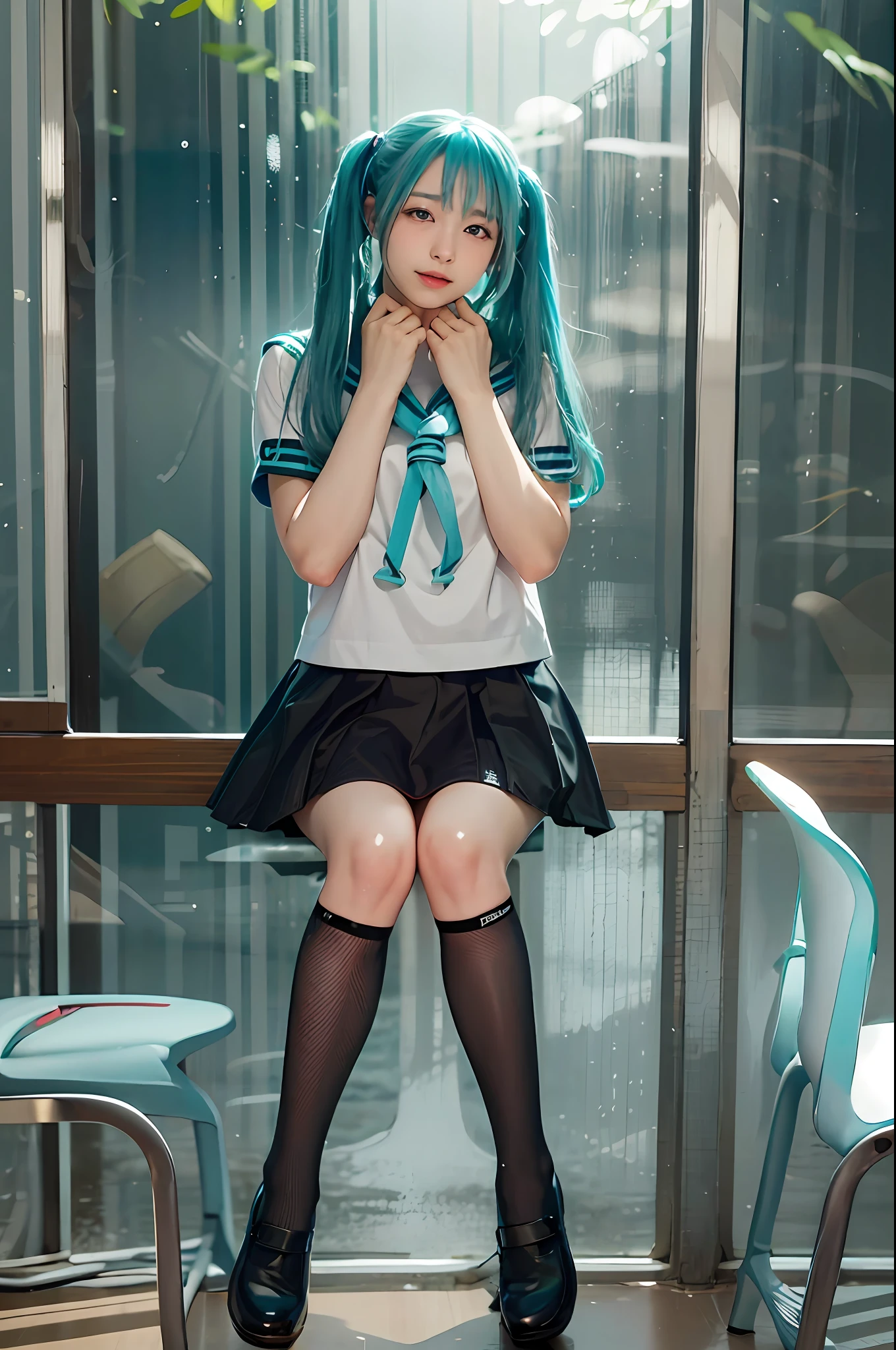 Hatsune Miku、sailorsuit、With green onions、photorealestic, high resolucion, 1个女孩, Korea person, Heterochromia eyes, small moles under eyes,