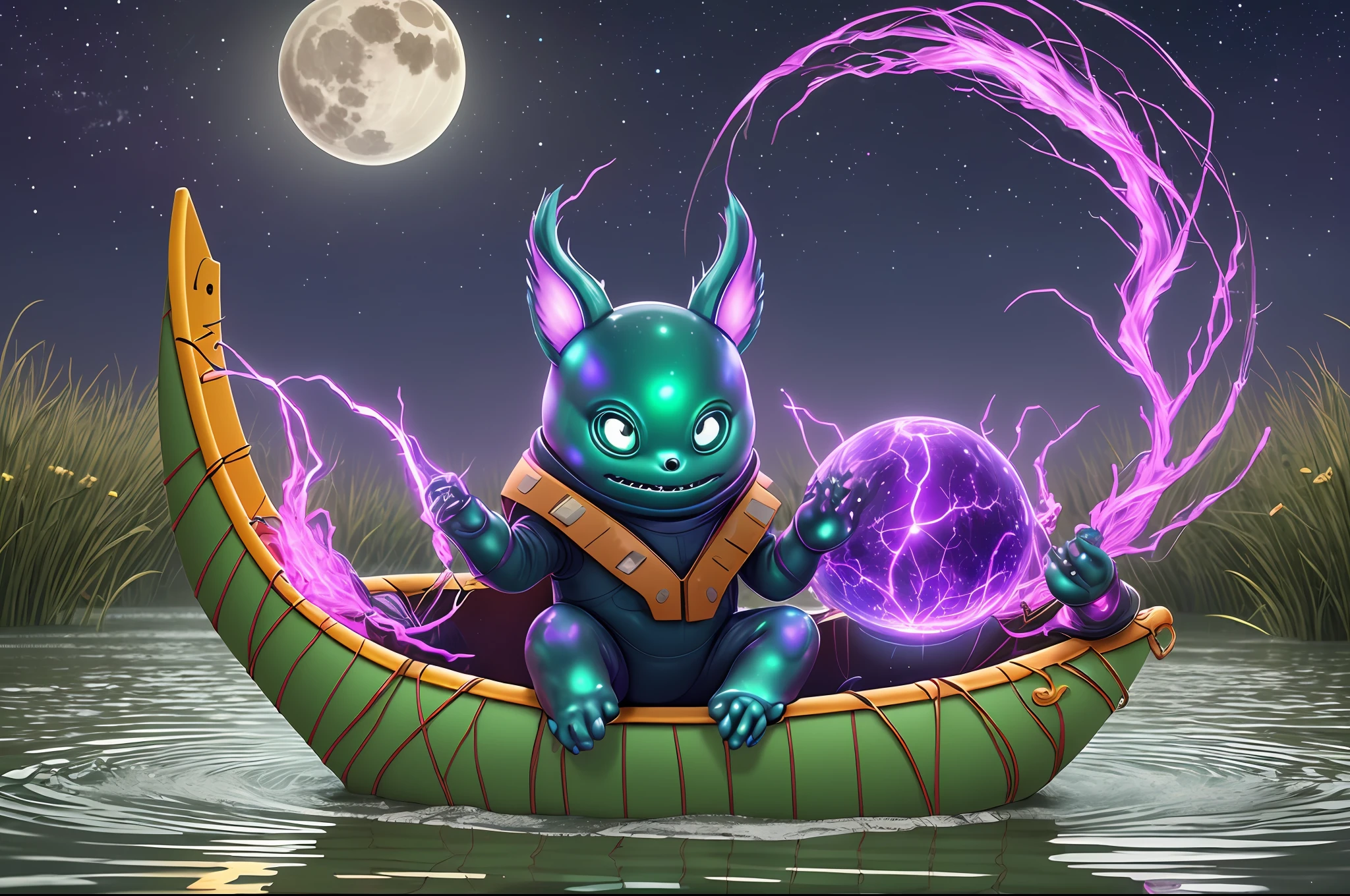 Digital art, 3d, realistic raytracing. Surreal concept. A cute little monster with three eyes forming a triangle, six limbs with five joints, blobbish body covered with bioluminiscent ruffled nuddles. He holds russet paddles with two limbs, he is paddling on a float navigating an alien lake. Flotating round ultraviolet leaves and pink lotus flowers with laser beams. Night, dark, two moons on different phases on the sky, alien landscape. Colourful palette. Illuminated by moonlight, fireflies. Great angular, deep depht of field, high definition. --auto --s2