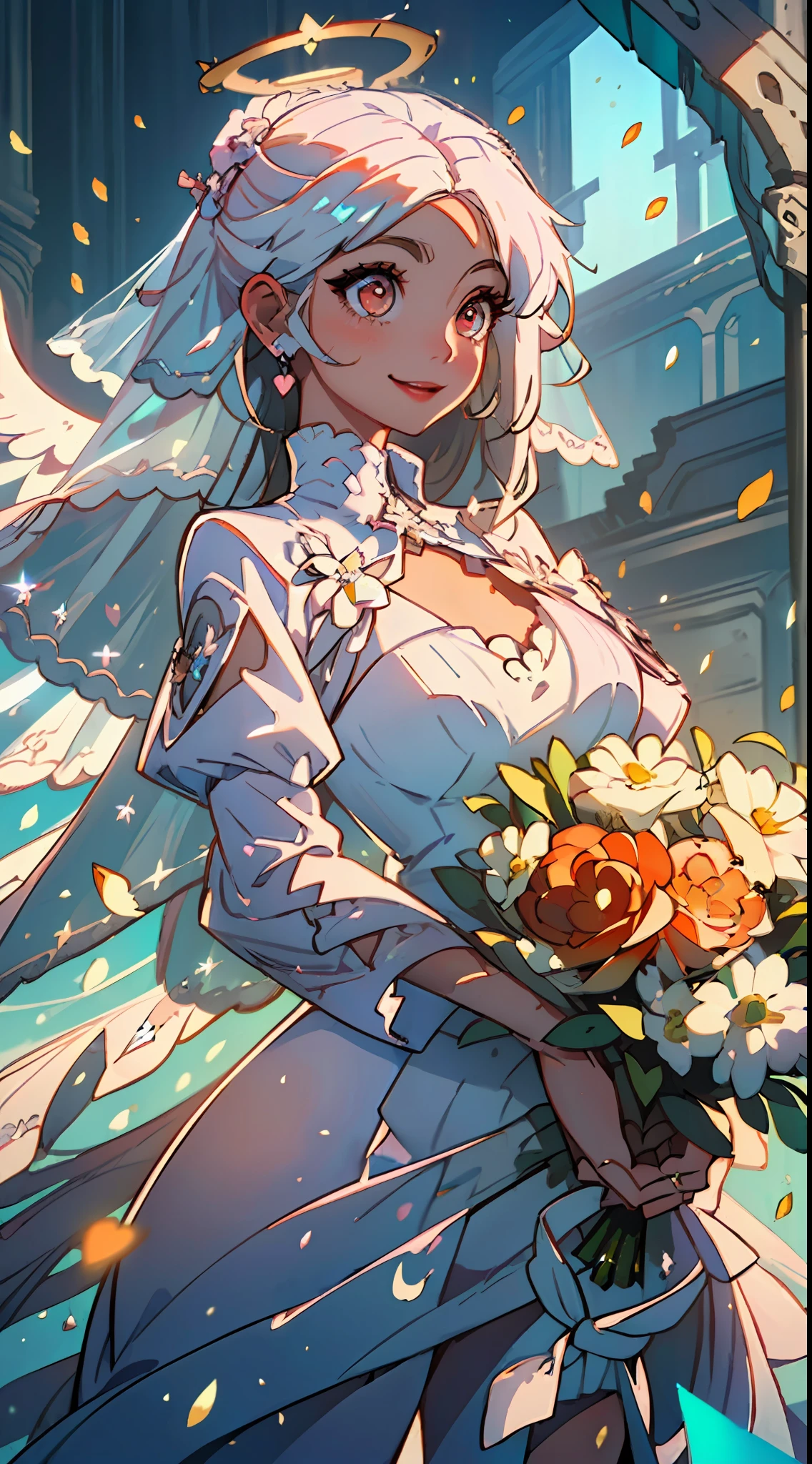 ((wedding)), ((Bride)), ((White Hair)), Orange Pink Eyes, Two-Tone eyes, ((Bridal Outfit), ((Flowers)), ((Petals)), ((Curvy)), ((Elegant)), ((Orange)), ((Crystals)), ((Love, Smile, Hearts)), ((White Brides Dress)), ((Long Hair)), ((Angel, Angelic, Halo)), ((Goddess))