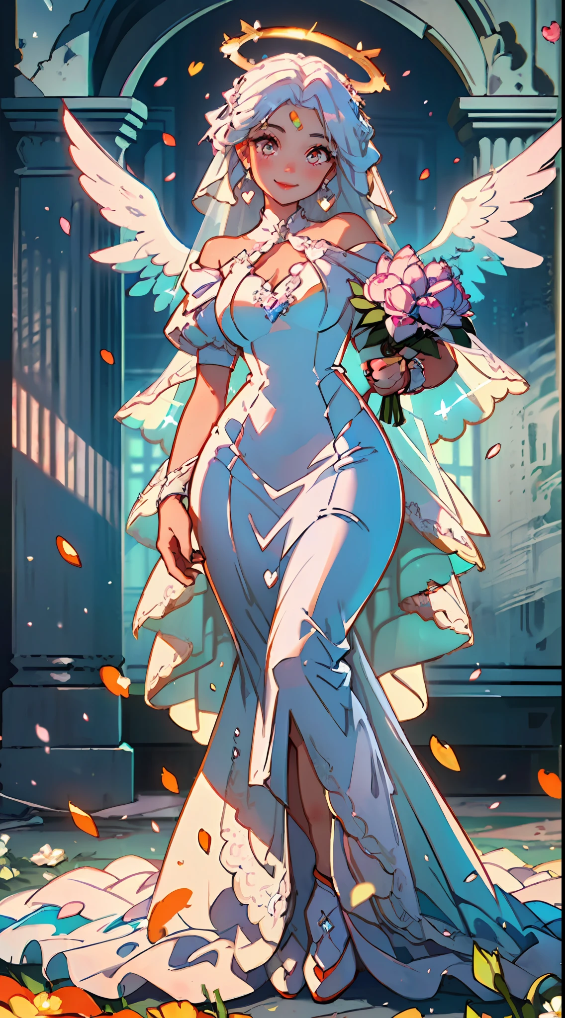 ((wedding)), ((Bride)), ((White Hair)), Orange Pink Eyes, Two-Tone eyes, ((Bridal Outfit), ((Flowers)), ((Petals)), ((Curvy)), ((Elegant)), ((Orange)), ((Crystals)), ((Love, Smile, Hearts)), ((White Brides Dress)), ((Long Hair)), ((Angel, Angelic, Halo)), ((Goddess))