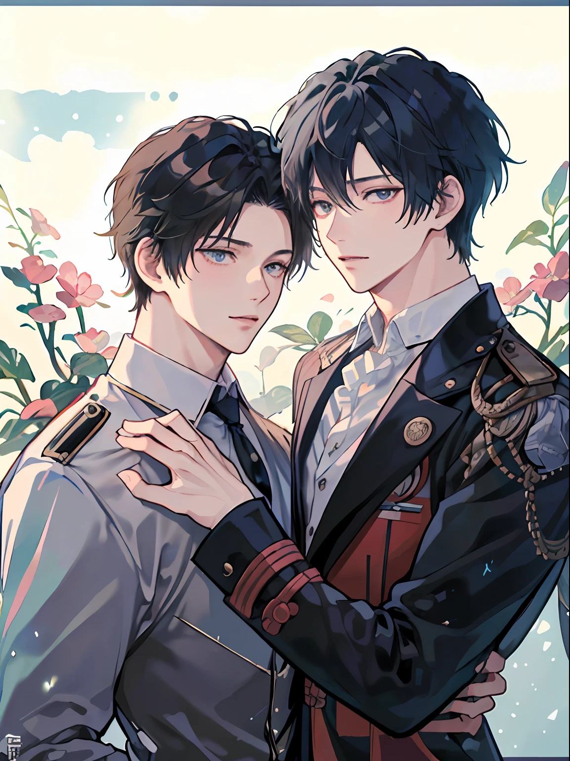 ((最好的质量、A masterpice))、Comic art、knights、sirius a and sirius b、high quality fanart、from cryptid academia、inspired by Masanobu Okumura、Two anime handsome men、epic anime style、detailed fan art、Akihiko Inoue and Rostran