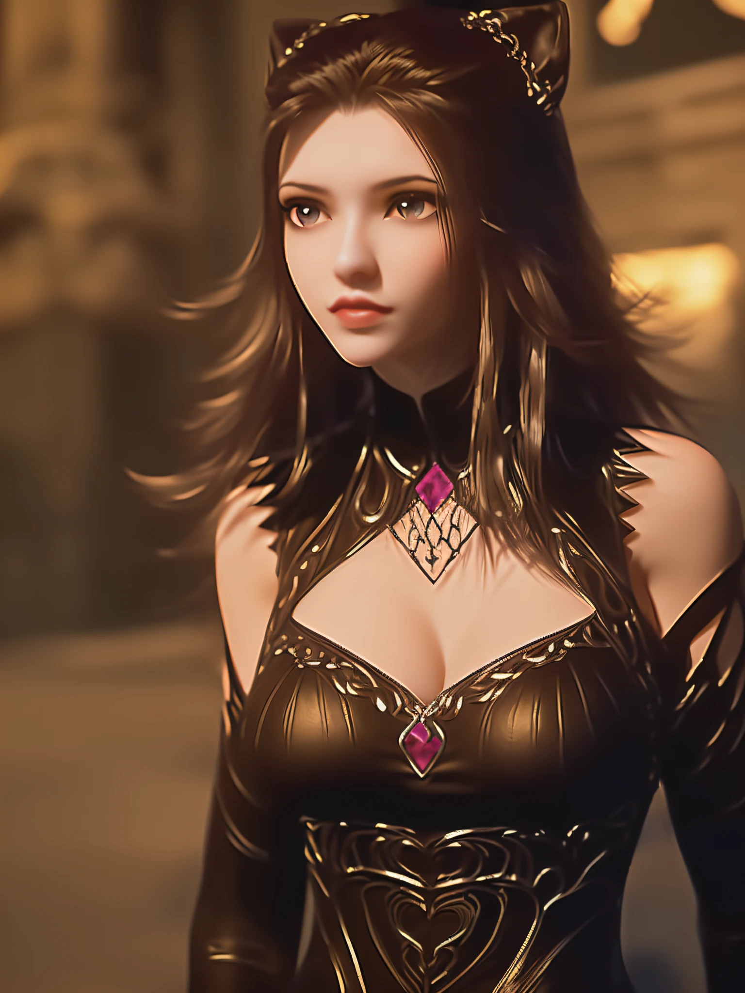 1girl, solo, blunt_bangs, long_hair, bangs, (looking at viewer:1.3),(detail face:1.2),realistic,
blurry, depth_of_field, 1girl, breasts, motion_blur, lips, (ruins:1.5),black cat,night,clock tower,(cleavage:1.5),sitting,(upper body:1.3),
(large breasts:1.2),