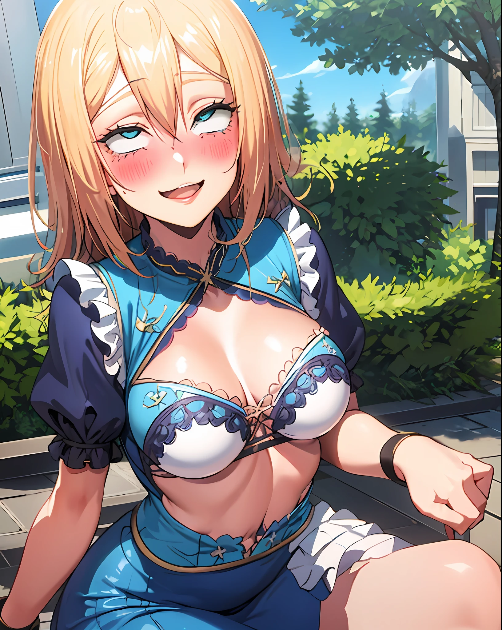 masterpiece, best quality, 1 girl, Olivia, blonde hair, aqua eyes, medium hair, blue dress white lace, medium breasts, blush, light smile,