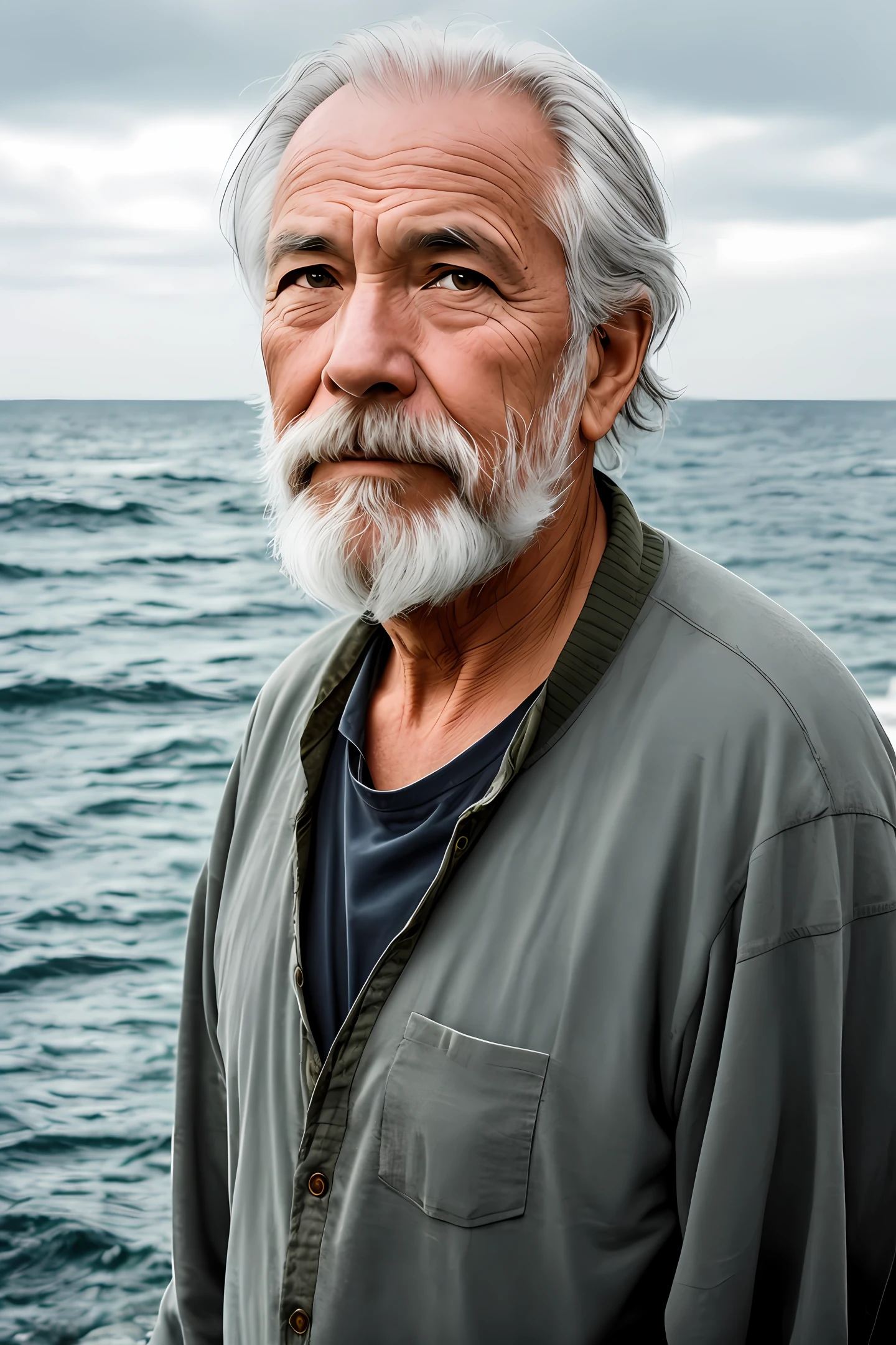 image of an old fisherman with the sea behind, beautiful image with a very detailed face