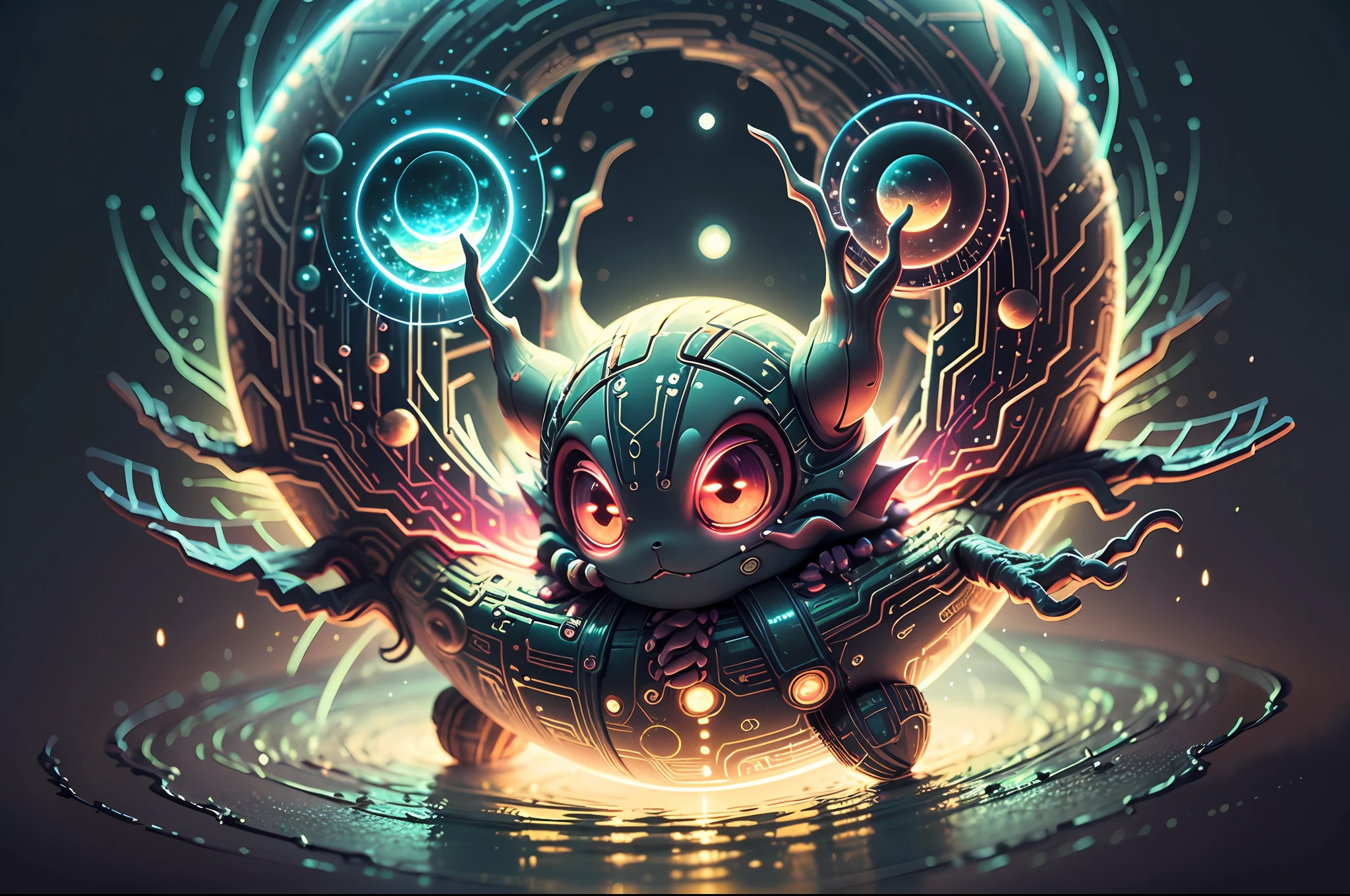 Digital art, 3d, realistic raytracing. Surreal concept. A cute little monster with three eyes forming a triangle, six limbs with five joints, blobbish body covered with bioluminiscent ruffled nuddles. He holds russet paddles with two limbs, he is paddling on a float navigating an alien lake. Flotating round ultraviolet leaves and pink lotus flowers with laser beams. Night, dark, two moons on different phases on the sky, alien landscape. Colourful palette. Illuminated by moonlight, fireflies. Great angular, deep depht of field, high definition. --auto --s2