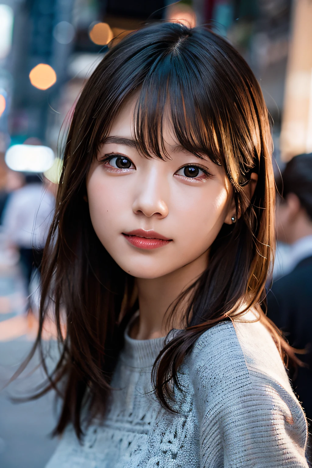 (8K、Raw photography、最好的质量、A masterpice:1.2)、(Realstic、photorealestic:1.37)、ultra -detailed、ultra-high-resolution、女の子1人、see the beholder、Beautiful detailed face、smile on face、Constriction、(Slim waist) :1.3)、shirts、Beautiful detailed skin、Skin texture、Floating hair、Professional lighting、In the street、Haut du corps、Whole human body、Longhaire