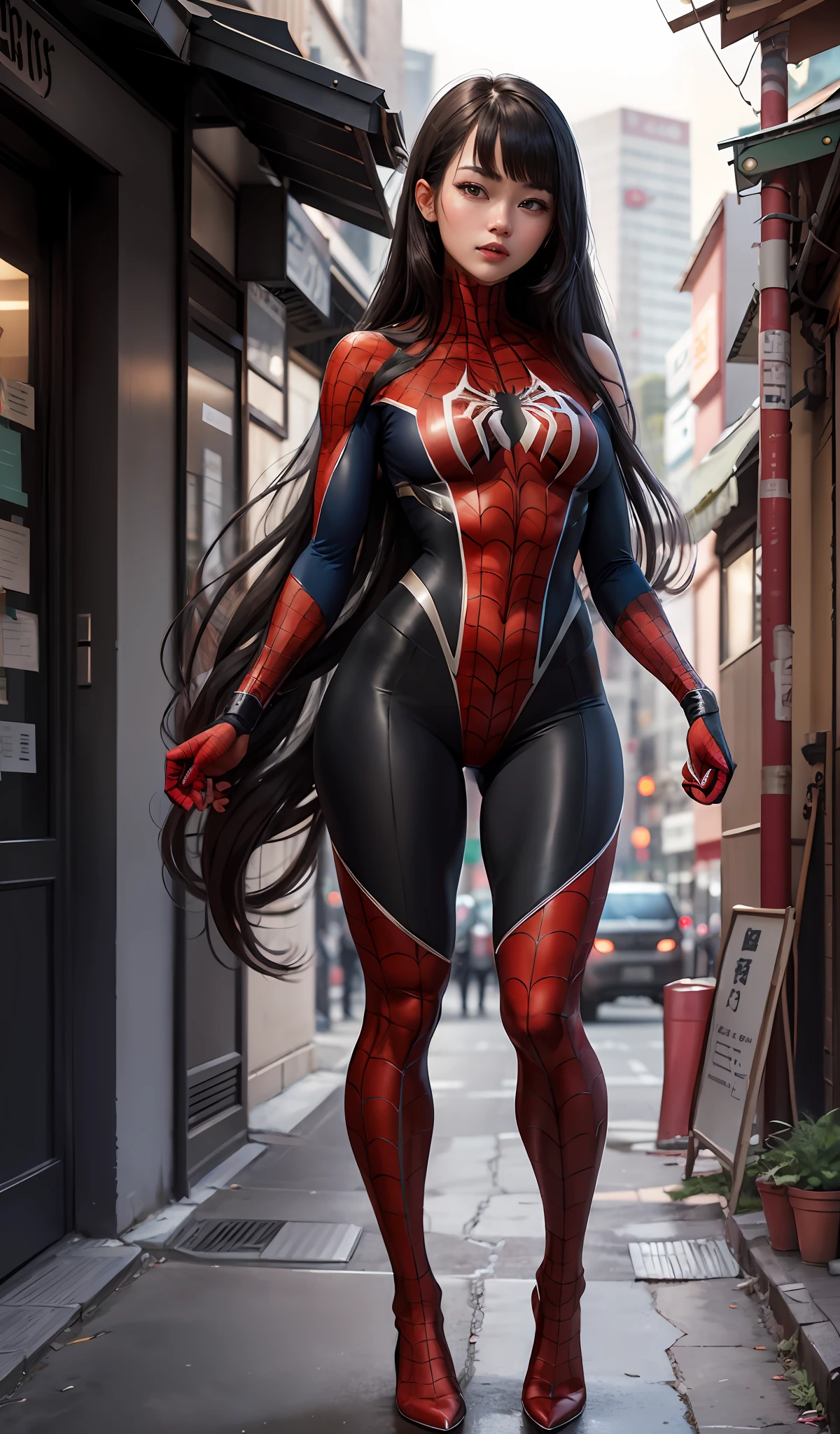 4k, realistic, charismatic, very detail, there is a girl on top city, wearing spiderman costume, she is a spiderman, white super hero theme, japanese woman, black long hair, hime-style bangs, dark brown eyes, 25 years old, full body