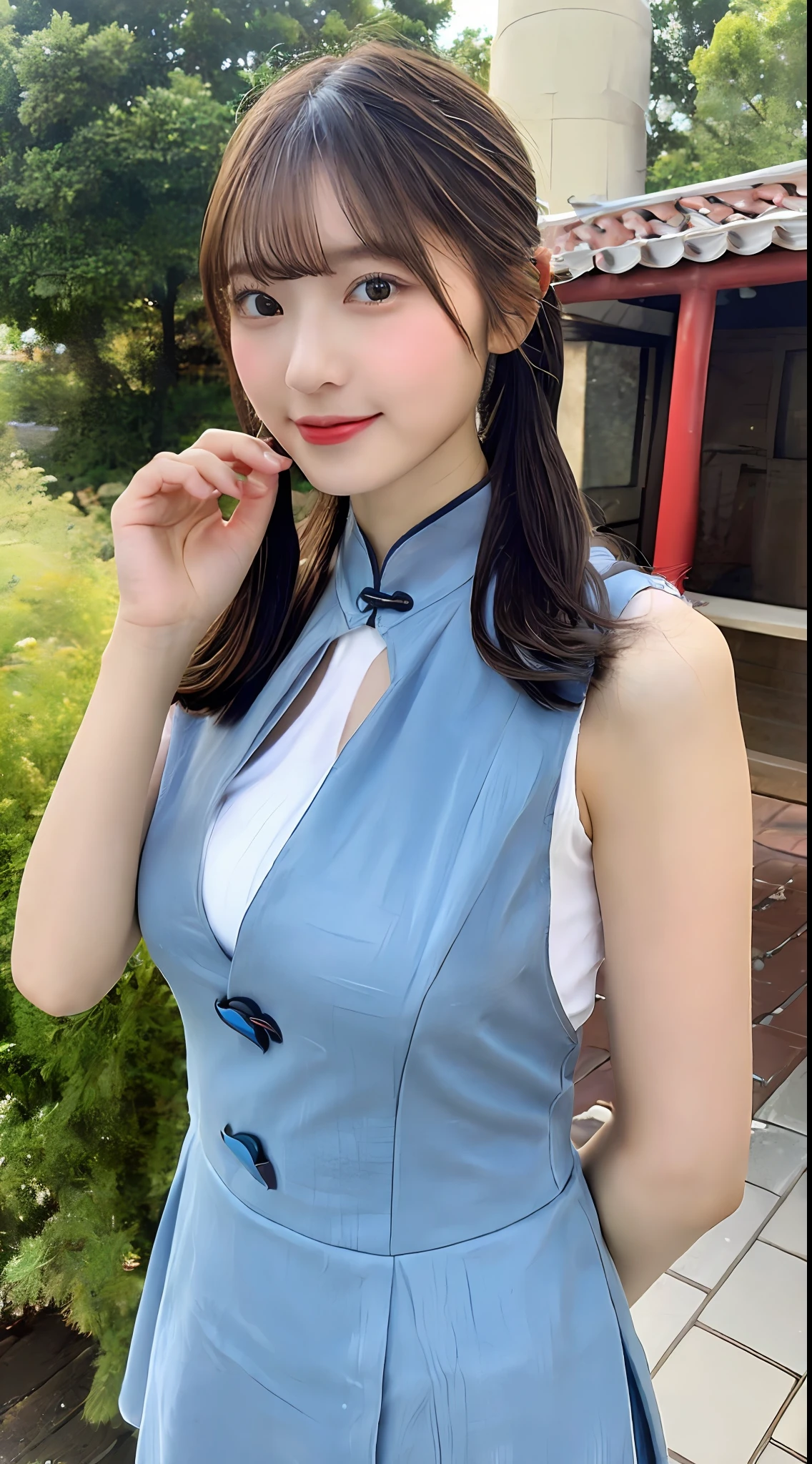 ((Best Picture Quality, 8K, nmasterpiece:1.3)), 1girls, Whole human body,Beautiful woman with slender abs:1.3, (Casual hairstyle, No leakage of big breasts:1.2)1.1, Ultra-fine face, detailed eye, 双眼皮,Smile with, Best quality, Top quality, UltraHighResolution, 1girls, Elaborate Eyes,delicately formed hands, Perfect skin(Skin of natural color),Slim,Model figure,Absurde,Very fine,above the mountains,Cutes,beatifull,double ponytails,on cheongsam,Chinese cheongsam,silk stockingsa,