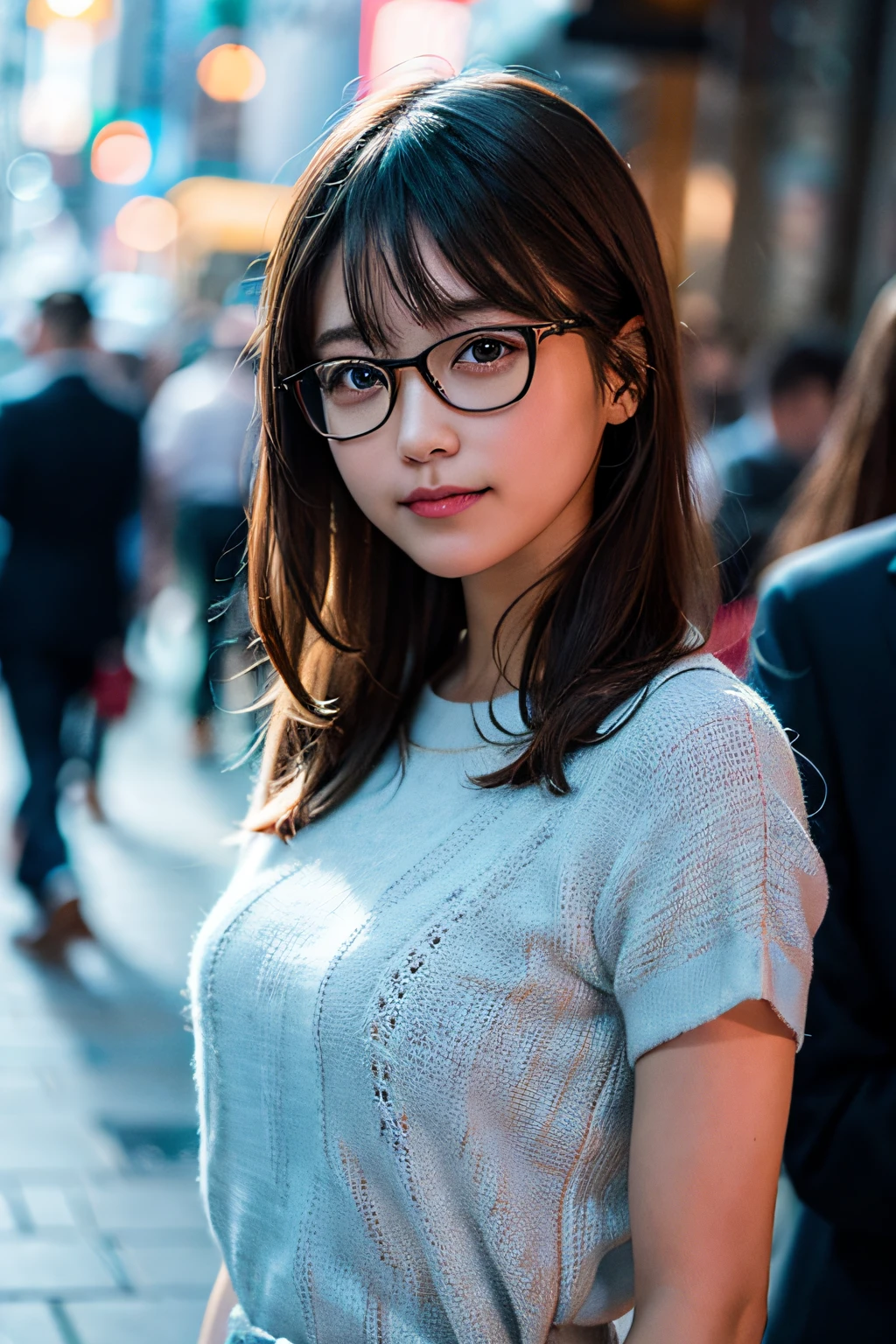 (8K、Raw photography、最好的质量、A masterpice:1.2)、(Realstic、photorealestic:1.37)、ultra -detailed、ultra-high-resolution、1人、see the beholder、Beautiful detailed face、smile on face、Constriction、(Slim waist) :1.3)、shirts、Beautiful detailed skin、Skin texture、Floating hair、Professional lighting、In the street、Glasses、Whole human body、Brown hair