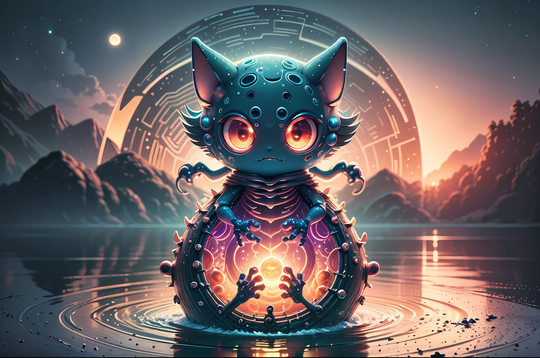 Digital art, 3d, realistic raytracing. Surreal concept. A cute little monster with three eyes forming a triangle, six limbs with five joints, blobbish body covered with bioluminiscent ruffled nuddles. He holds russet paddles with two limbs, he is paddling on a float navigating an alien lake. Flotating round ultraviolet leaves and pink lotus flowers with laser beams. Night, dark, two moons on different phases on the sky, alien landscape. Colourful palette. Illuminated by moonlight, fireflies. Great angular, deep depht of field, high definition. --auto --s2