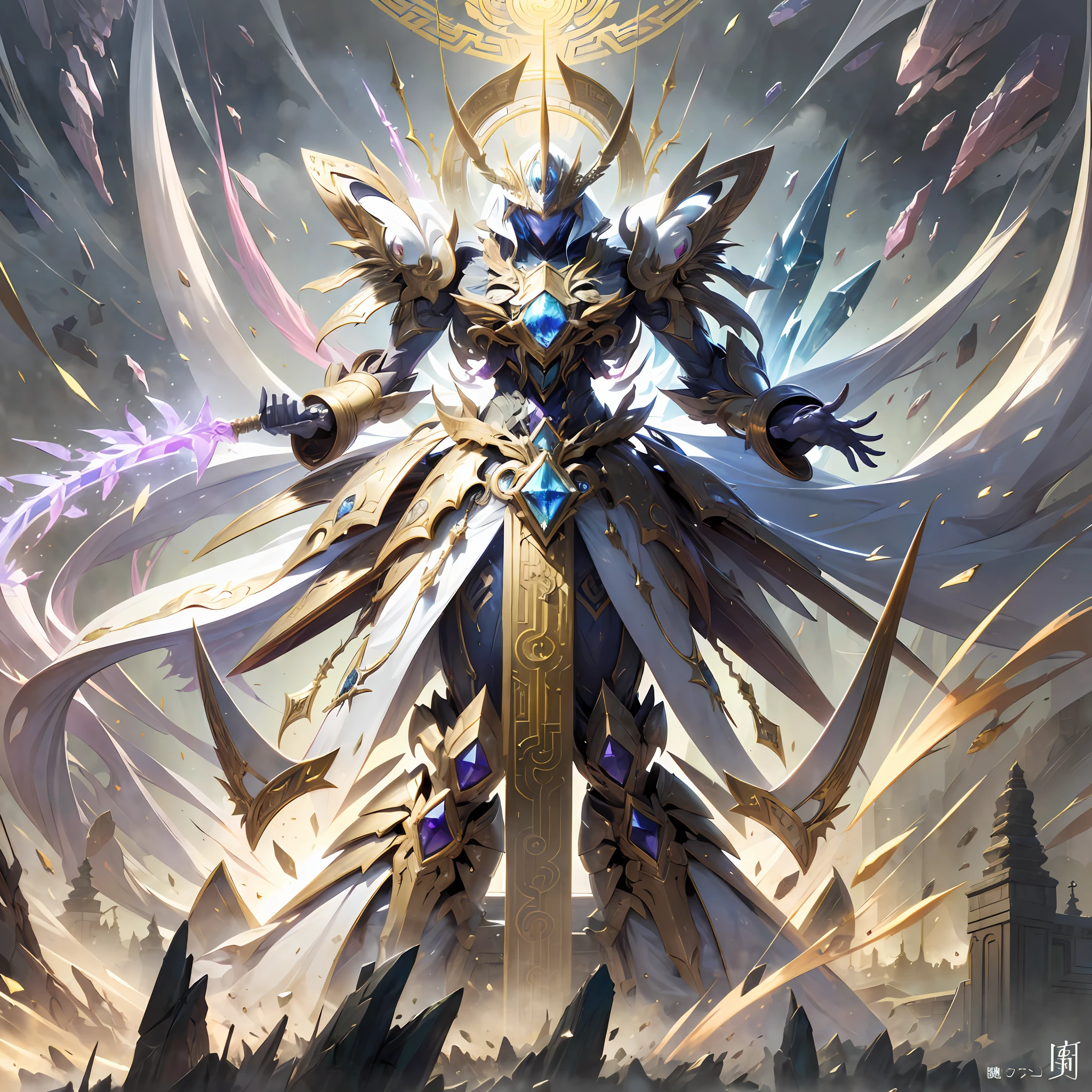 The ultimate king of the universe,Ancient divine beast armor,Ancient legends,Chinese Taoism,mysterious symbols,Ethereal lights,surrounded by cloud,Fighting posture,giant mecha,(Smooth surface),Stand on a cliff overlooking the night view,Cyberpunk-city,White is the main color，With red、Bright decorative colors such as blue and gold。There are powerful thrusters,(crystal:1.3),(((巨作))),(((Best quality))),((ultra -detailed))((Extremely detailed CG)),((16K resolution))((An extremely delicate and beautiful)),{Photorealistic},Full of detailed light blooms,A masterpiece from the Canon EOS R6 shooting,((nmasterpiece)) ,cinematiclight,独奏,Unreal Engine 5,(Long sword in hand:1.4),Chinese Longquan sword,Superb craftsmanship、An elegant and powerful sword。The blade is slender and graceful，Forged using traditional techniques。The body of the knife is carved with fine ornaments，Showcasing mythical creatures and symbols of power。The handle is made of precious ivory material),lightening,raiden,