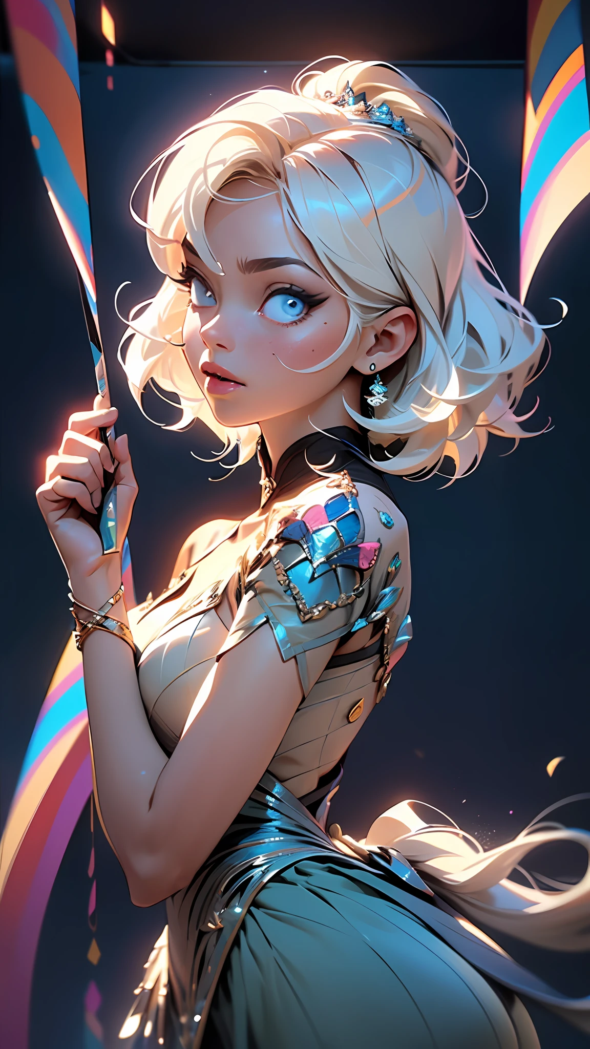 1girl, beautiful detailed face and eyes, white hair, ballerina, arabesque, minimalism, side view, dark blue background, simple background, fisheye, masterpiece, highest quality, highest quality, official art, beautiful and aesthetic, animation, lift ass, colorful ballerina outfit, dynamic poses, LOOKING THE OTHER WAY