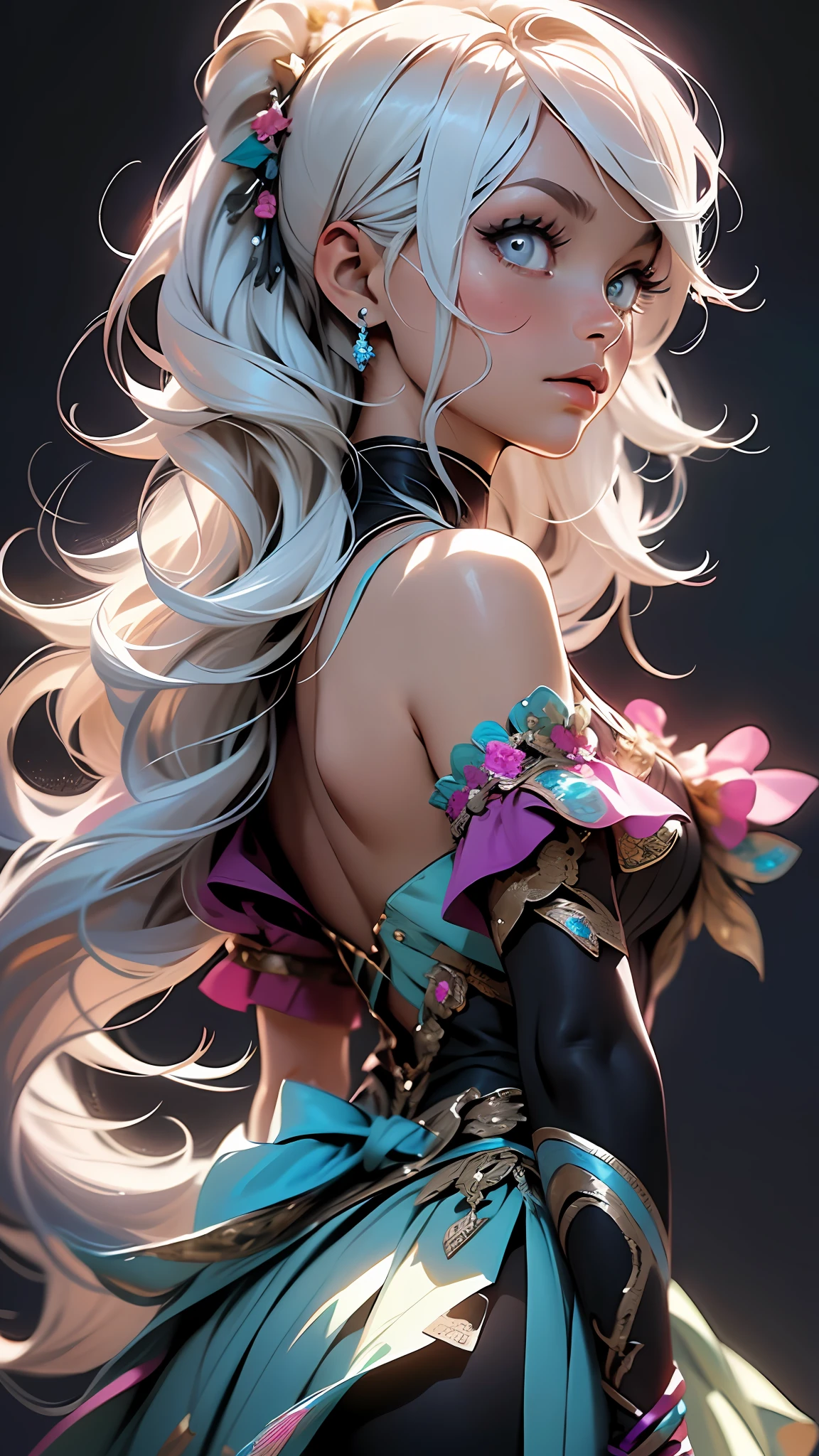 1girl, beautiful detailed face and eyes, white hair, ballerina, arabesque, minimalism, side view, dark blue background, simple background, fisheye, masterpiece, highest quality, highest quality, official art, beautiful and aesthetic, animation, lift ass, colorful ballerina outfit, dynamic poses, LOOKING THE OTHER WAY