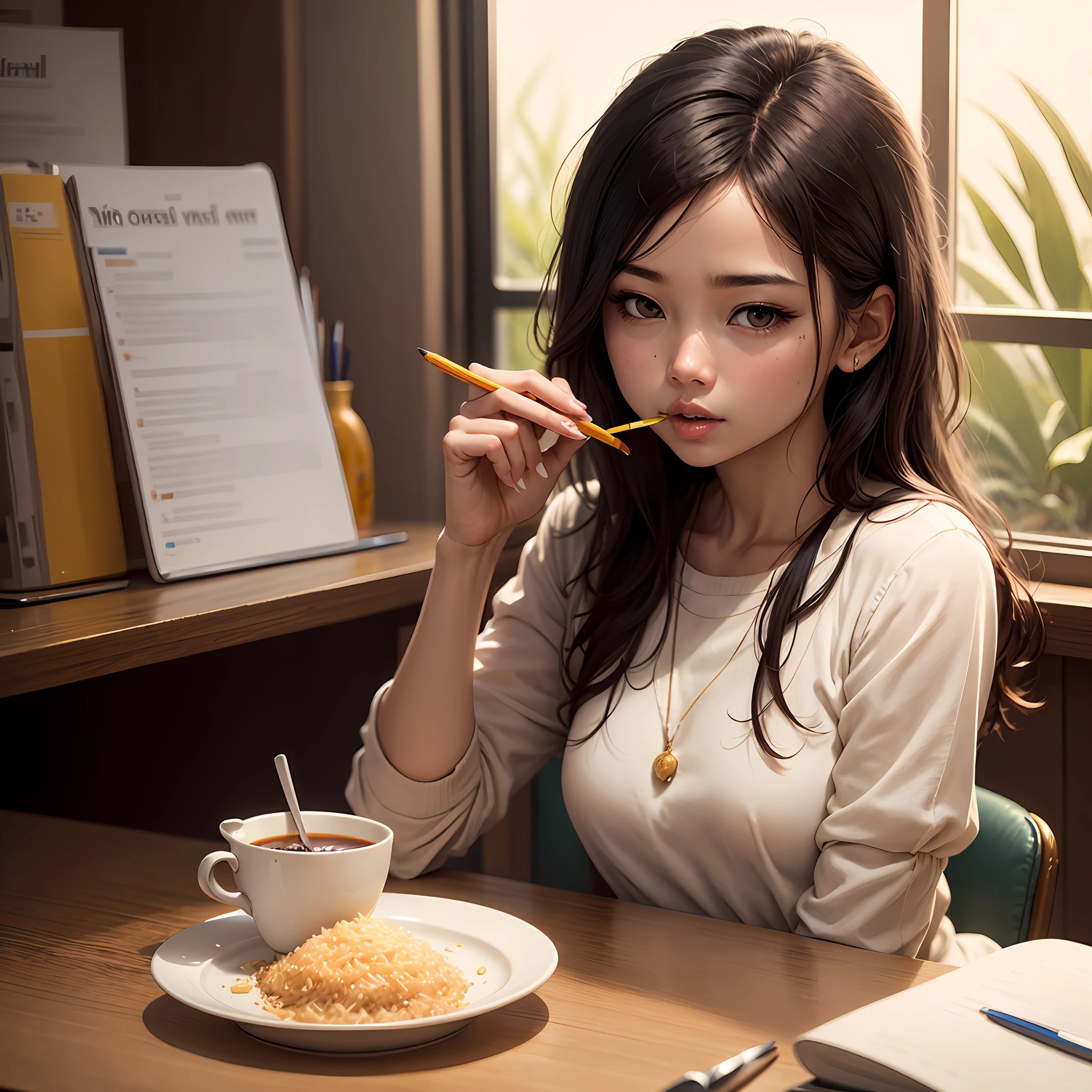 Beautiful girl in pencil eating rice --auto