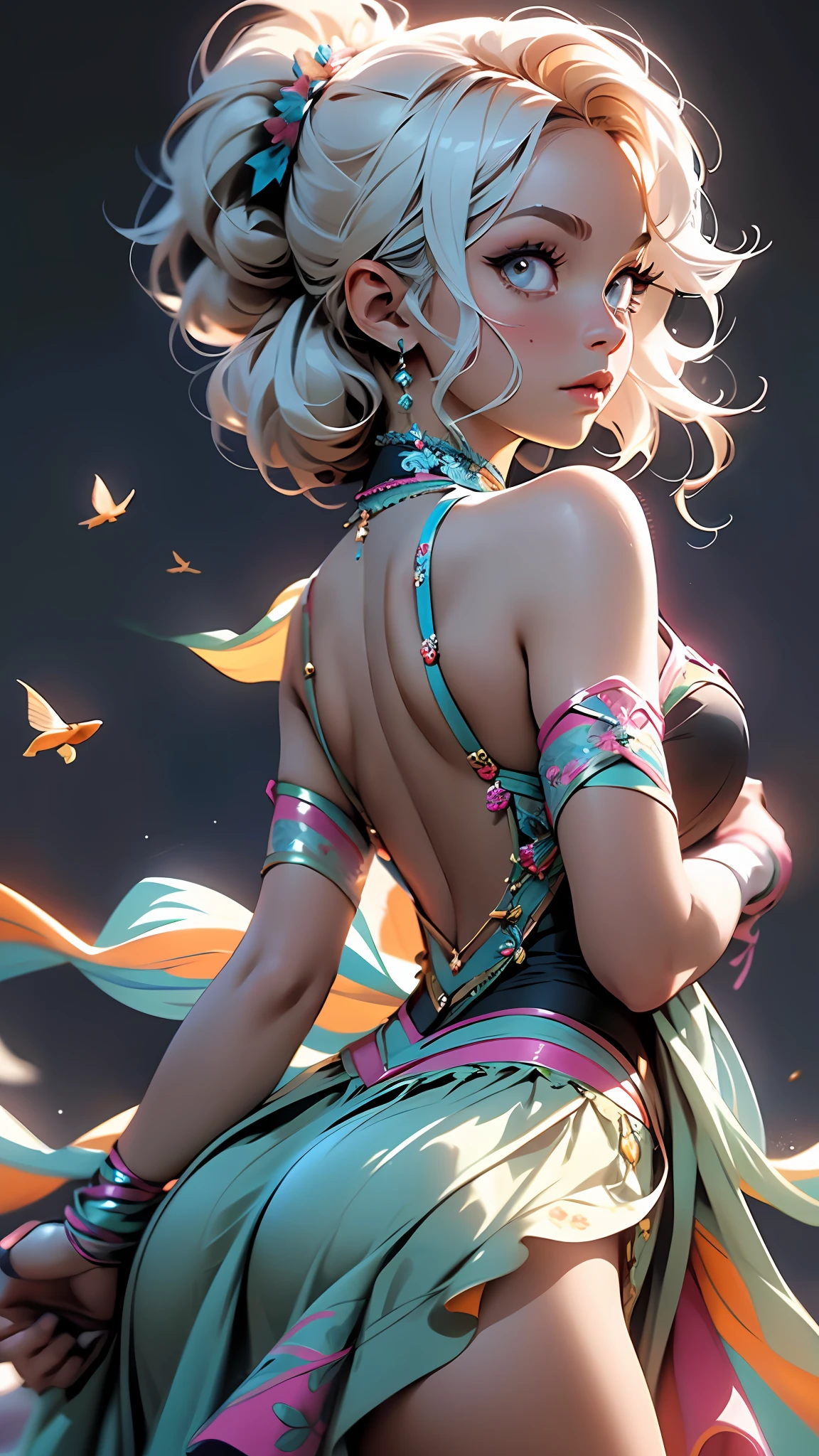 1girl, beautiful detailed face and eyes, white hair, ballerina, arabesque, minimalism, side view, dark blue background, simple background, fisheye, masterpiece, highest quality, highest quality, official art, beautiful and aesthetic, animation, lift ass, colorful ballerina outfit, dynamic poses, LOOKING THE OTHER WAY