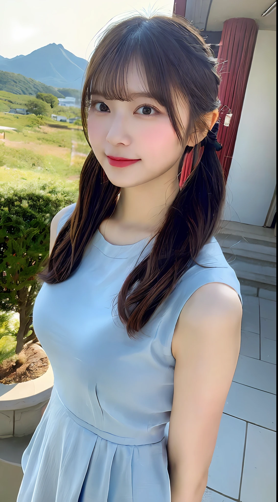 ((Best Picture Quality, 8K, nmasterpiece:1.3)), 1girls, Whole human body，Beautiful woman with slender abs:1.3, (Casual hairstyle, No leakage of big breasts:1.2)1.1, Ultra-fine face, detailed eye, 双眼皮，Smile with, Best quality, Top quality, UltraHighResolution, 1girls, Elaborate Eyes，exquisite body, Perfect skin（Skin of natural color），Slim，Model figure，Absurde，Very fine，above the mountains，Cutes，beatifull，double ponytails，on cheongsam，Chinese cheongsam，silk stockingsa，