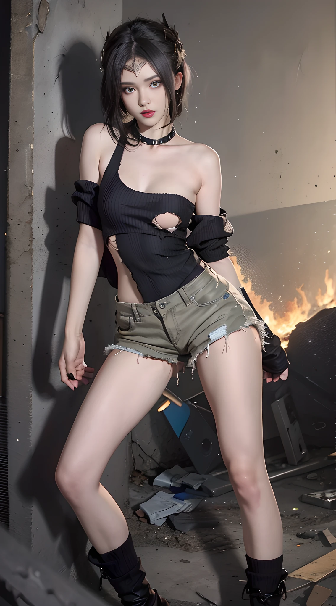 master-piece,Need,photorealestic,Jennie wears a torn black sweater,erogenous,bandage,Layering,Hollow,full body photograph,wildness,Khaki washed old torn shorts,black color hair,open shoulder,Layering,Long legs,,Wasteland punk style,The background is the wasteland,A desert,The details of the wind and dust are complex,,high-definition,photography lighting,16k