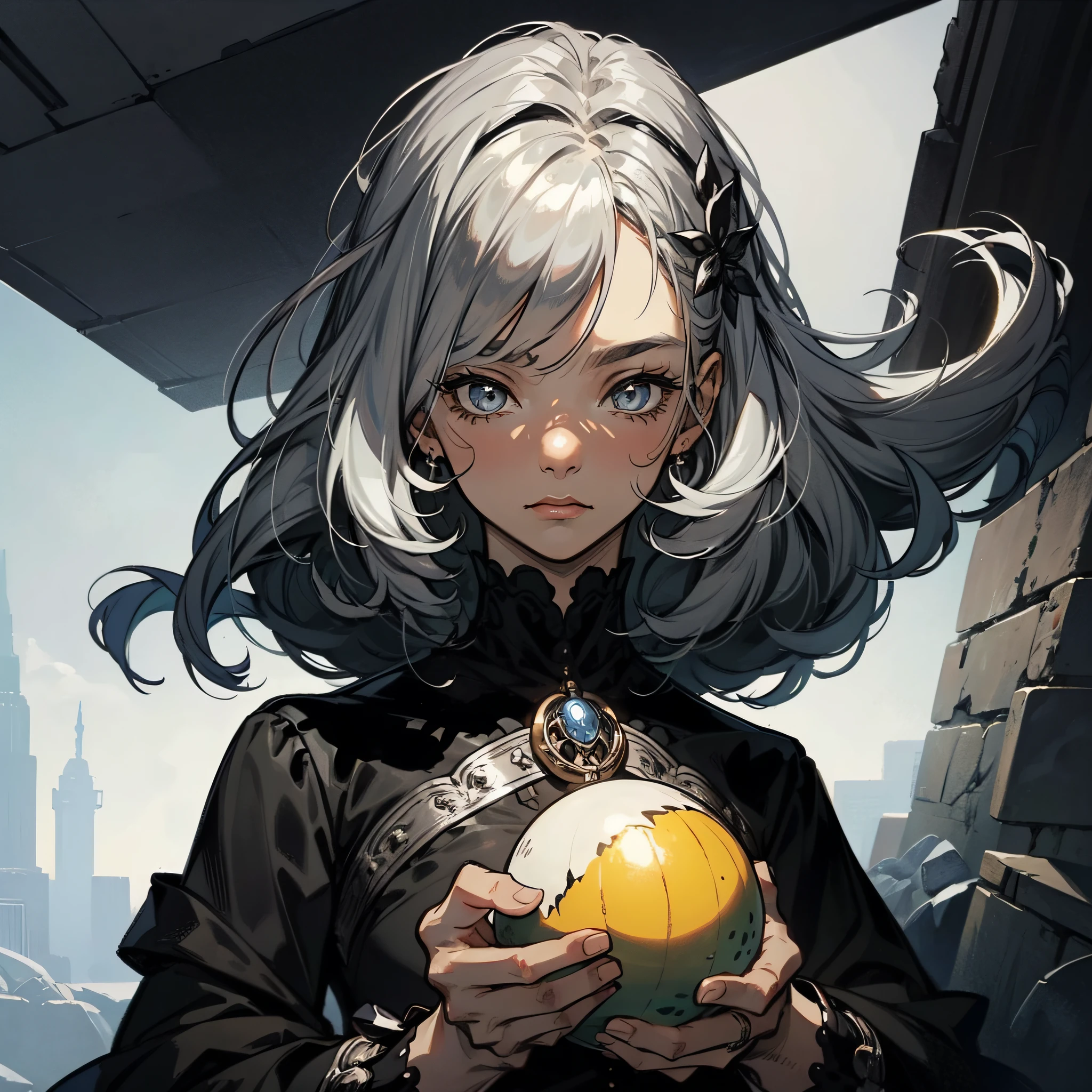 Fluffy cute ball that is silver, silver fluff, intense silver eyes, floating in a strange silver world, masterpiece, best quality, ((In Pixar style))