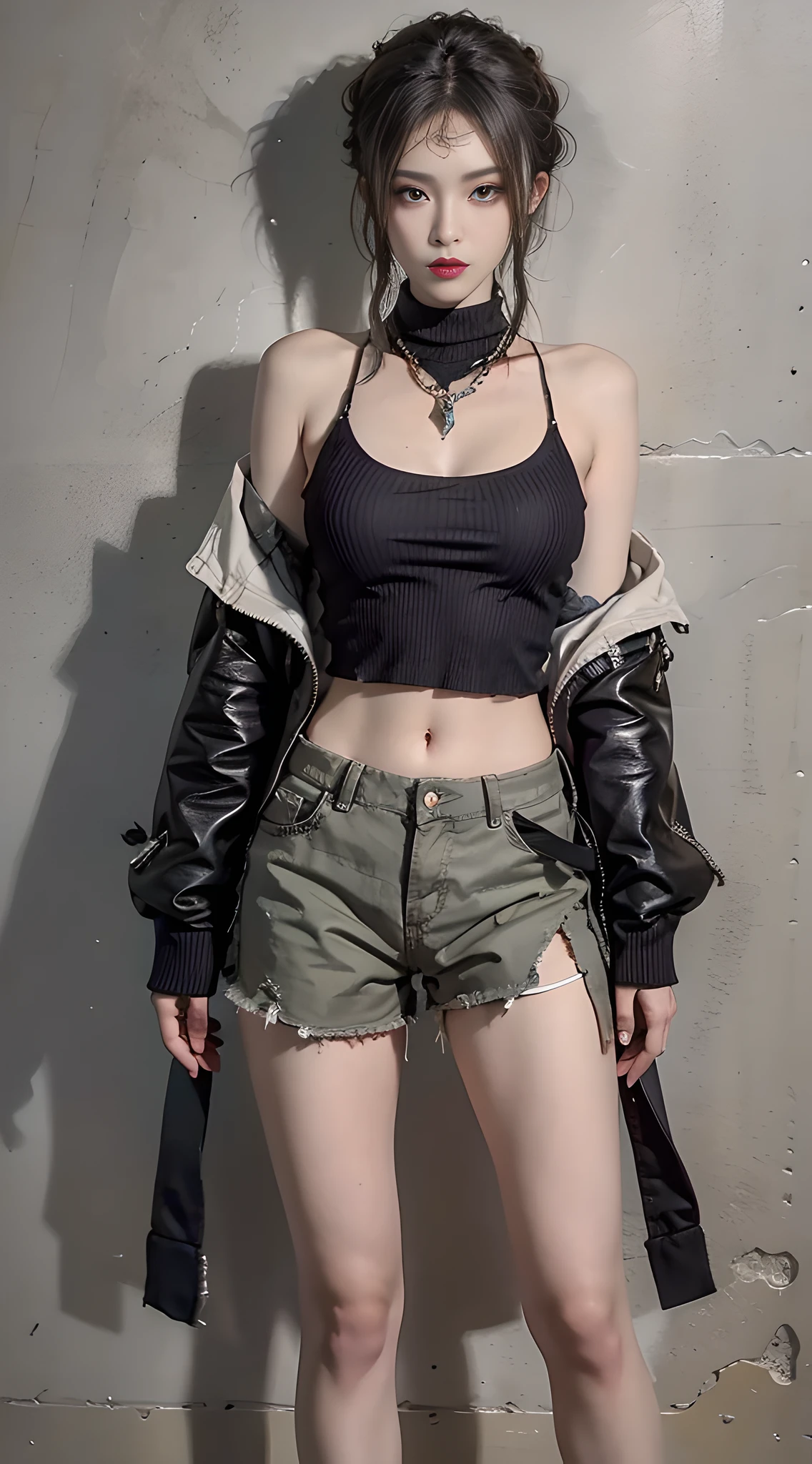 master-piece,Need,photorealestic,Jennie wears a torn black sweater,erogenous,bandage,Layering,Hollow,full body photograph,wildness,Khaki washed old torn shorts,black color hair,open shoulder,Layering,Long legs,,Wasteland punk style,The background is the wasteland,A desert,The details of the wind and dust are complex,,high-definition,photography lighting,16k